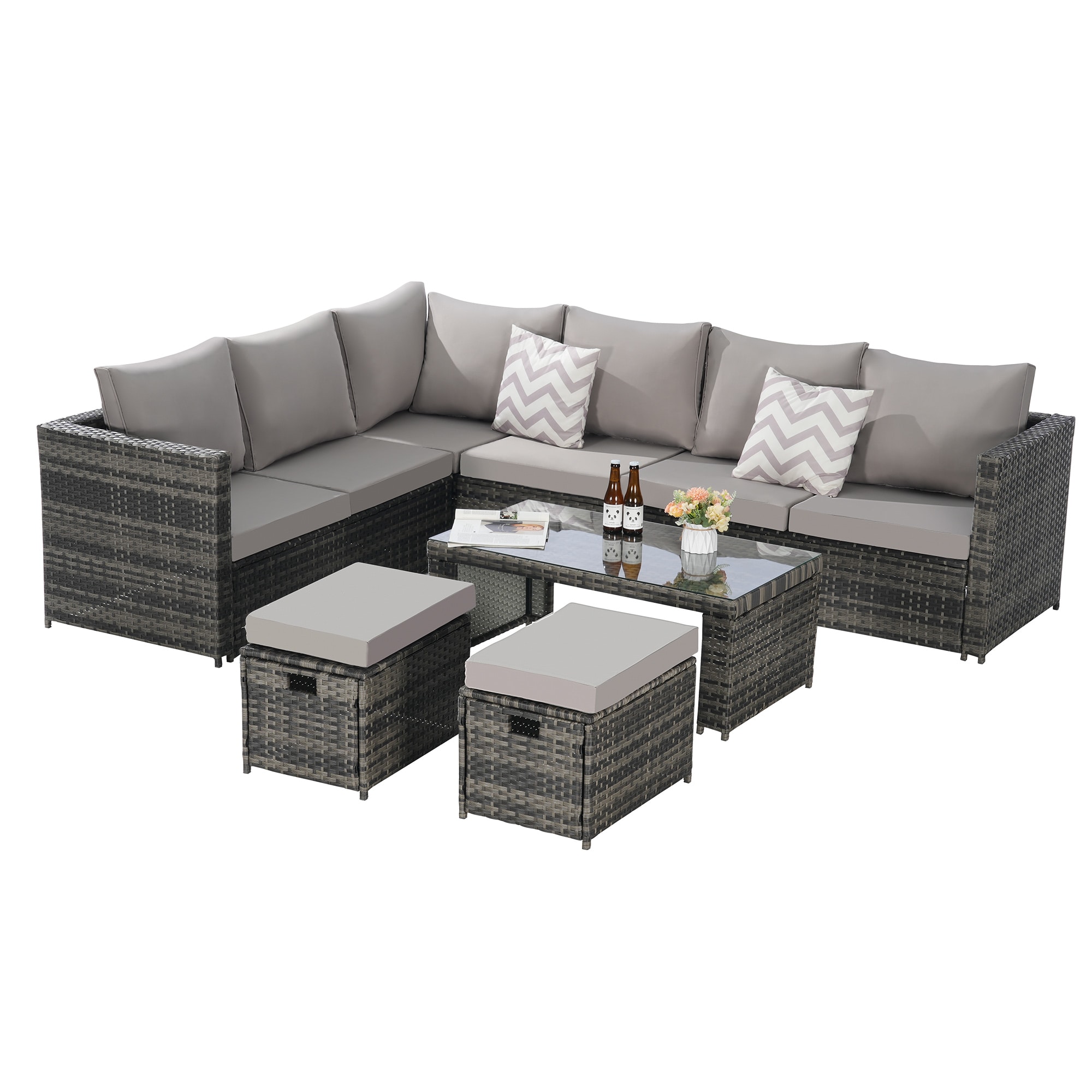 CASAINC BH-068AAA 6 -Piece Rattan 3 Patio Sofa Conversation Set with Light Gray Cushions