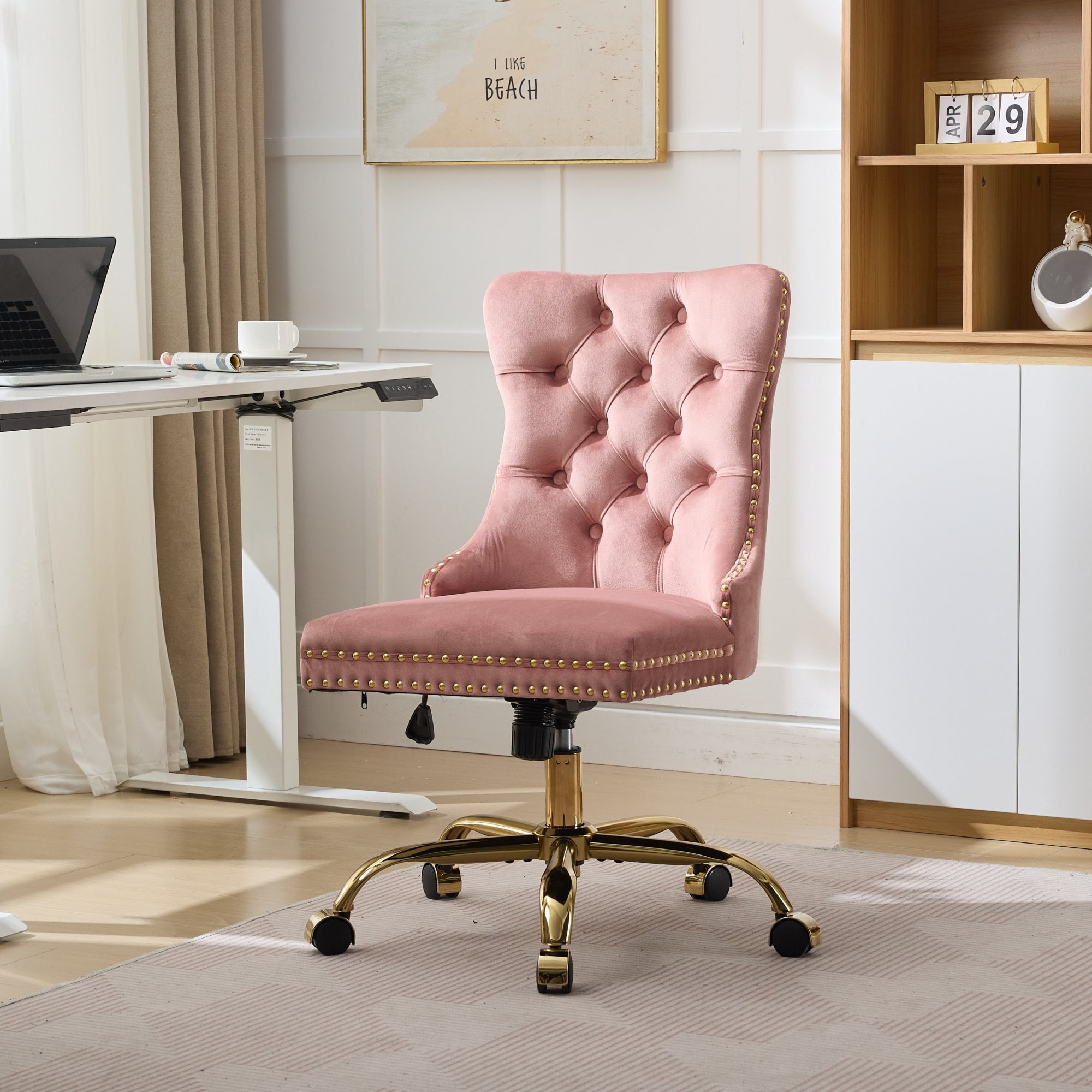 HyperDrop Cart Modern Velvet Tufted Button Home Office Chair with Golden Metal Base Adjustable Swivel Office Chair Pink