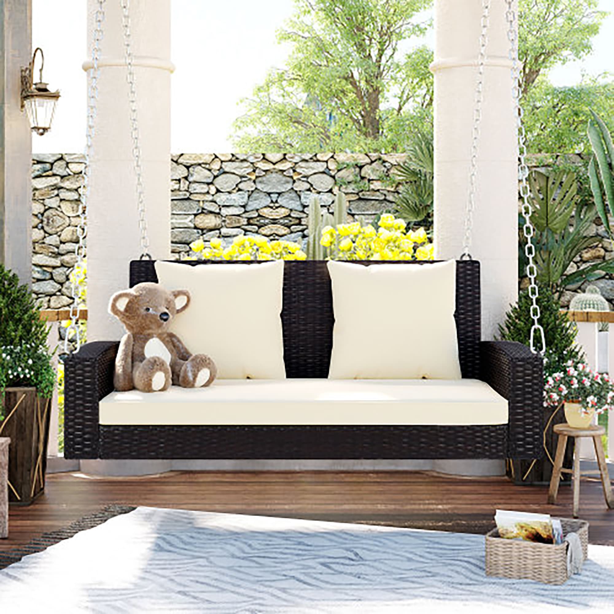 CASAINC CA-WG3NY 2-Person Wicker Hanging Porch Rattan Swing Bench 2 -person Brown Outdoor Swing