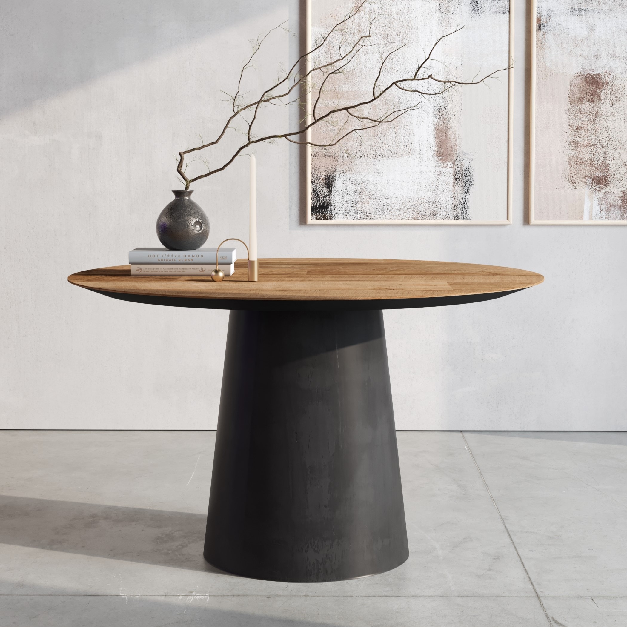 Urban Woodcraft Atelier Black Round Contemporary/Modern Reclaimed wood Dining Table, with Painted Finish and Reclaimed wood Pedestal Base 51-in L x 31-in H