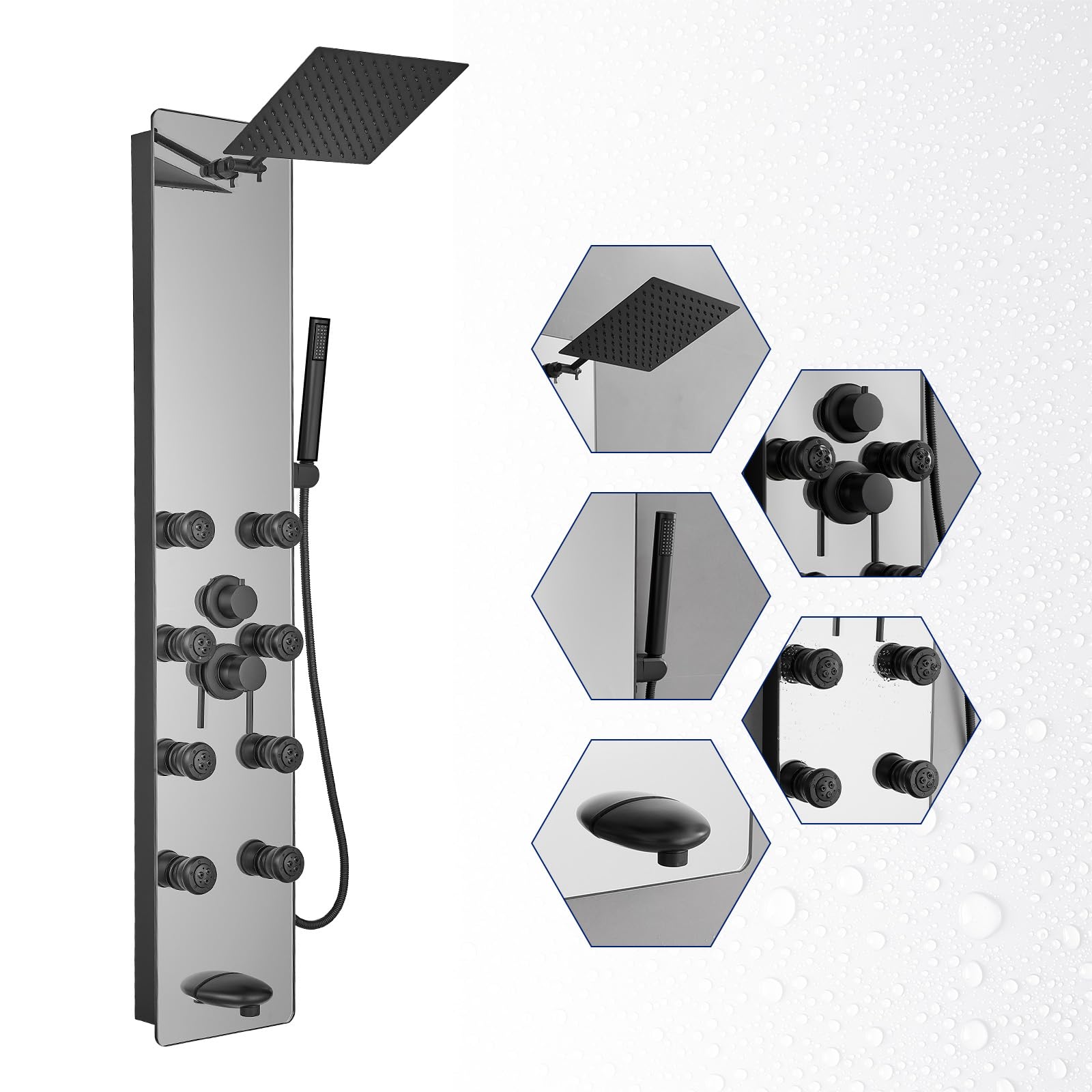 Anqtovp -  Stainless Steel Shower Panel Tower System 1 Piece Multi Function Tempered Glass Rainfa...