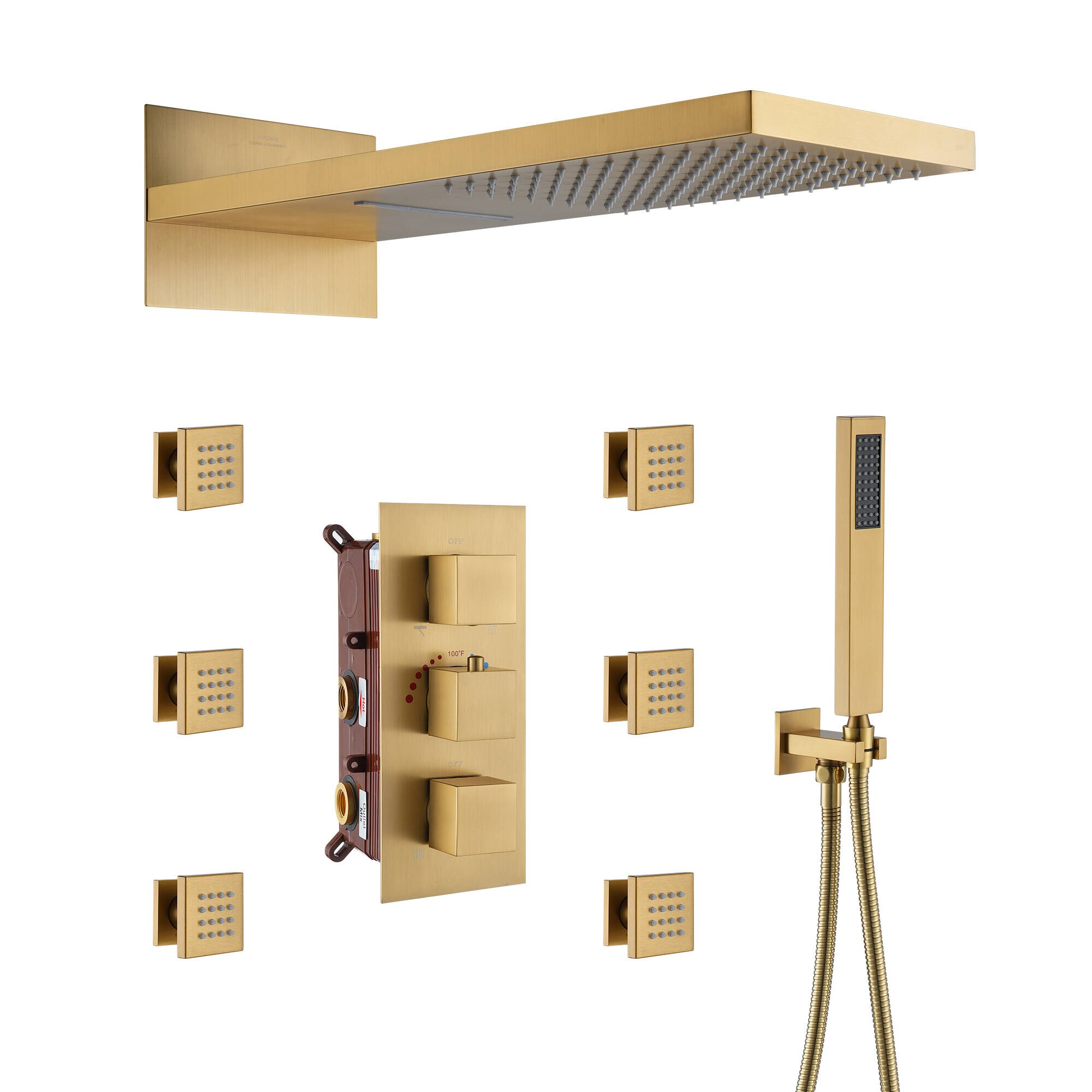 Clihome RCH-BAST8515C Brushed Gold 21-in Waterfall Built-In Shower Faucet System with 3-way Diverter ( Thermostatic Valve Included )