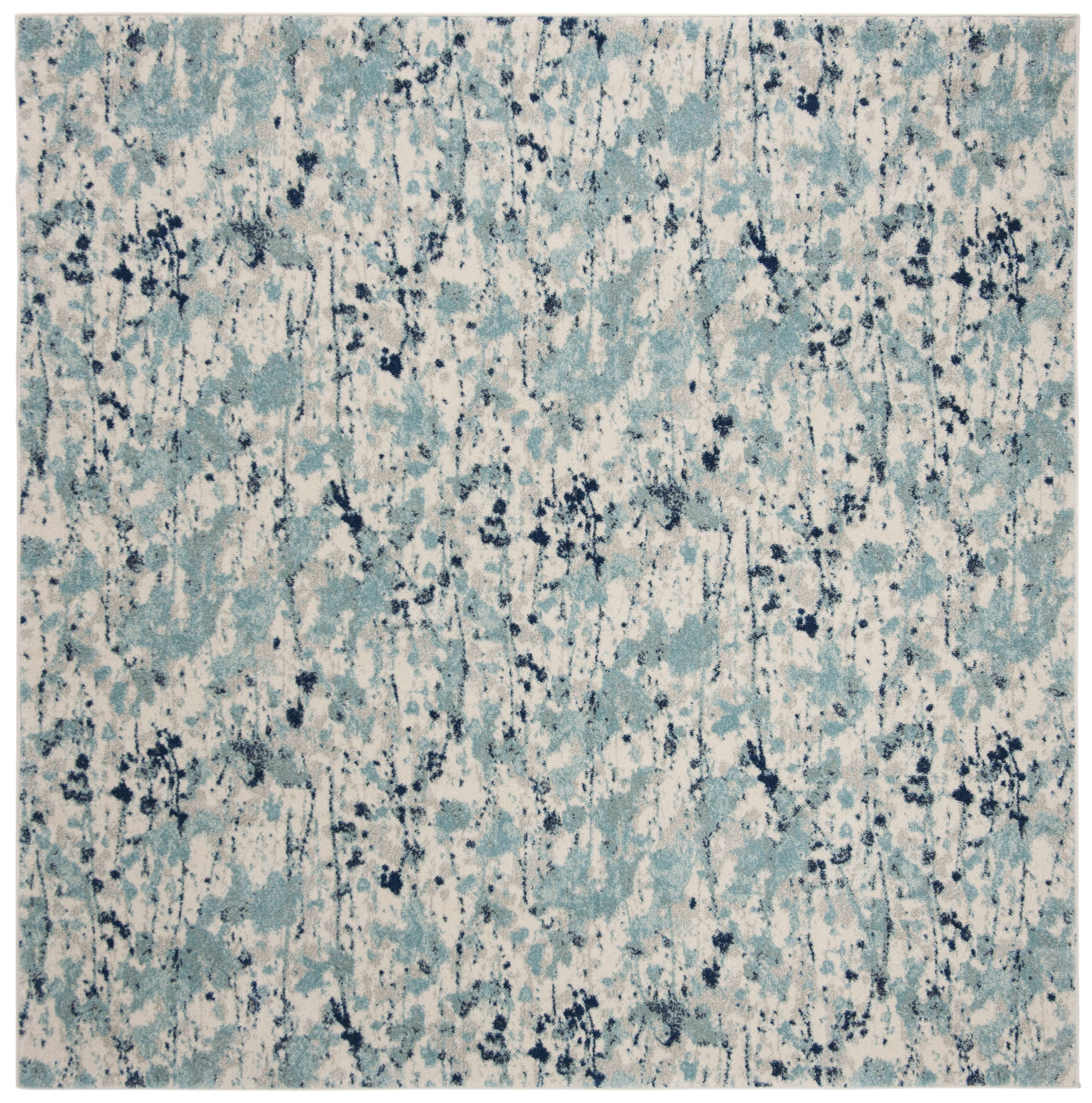 Ivory and Blue Speckled Print Square Synthetic Area Rug