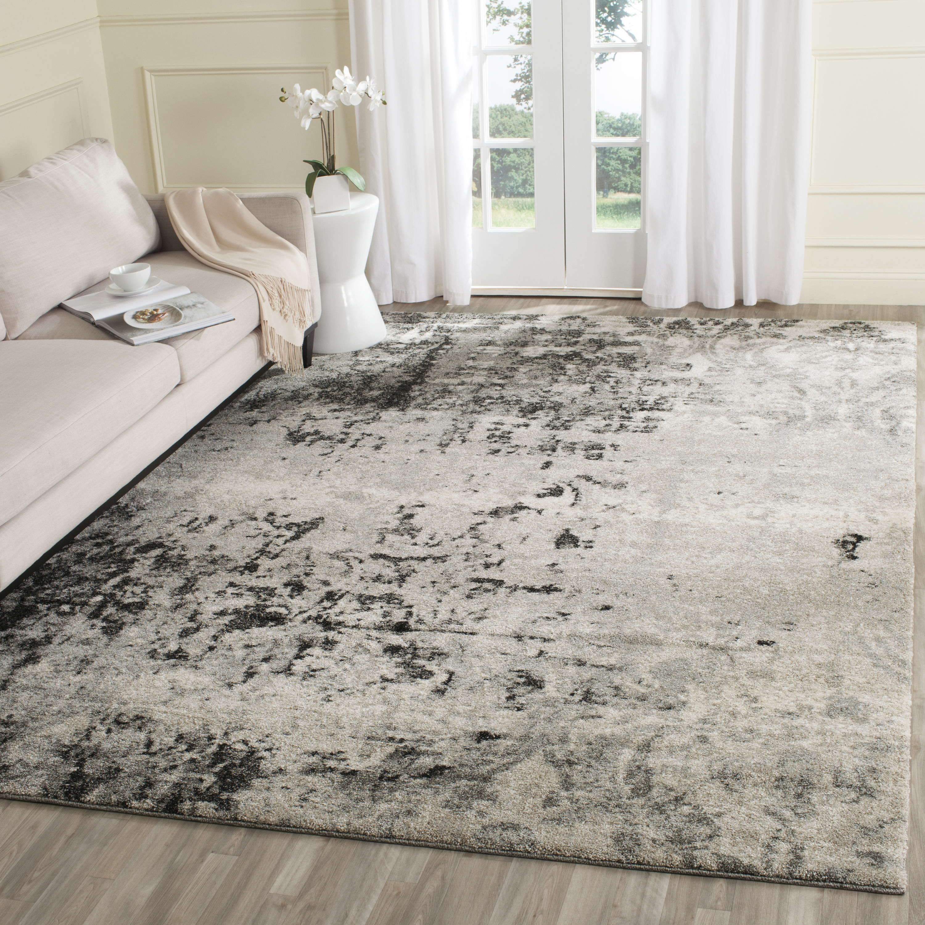 Retro Gray Abstract Shag Synthetic Square Rug