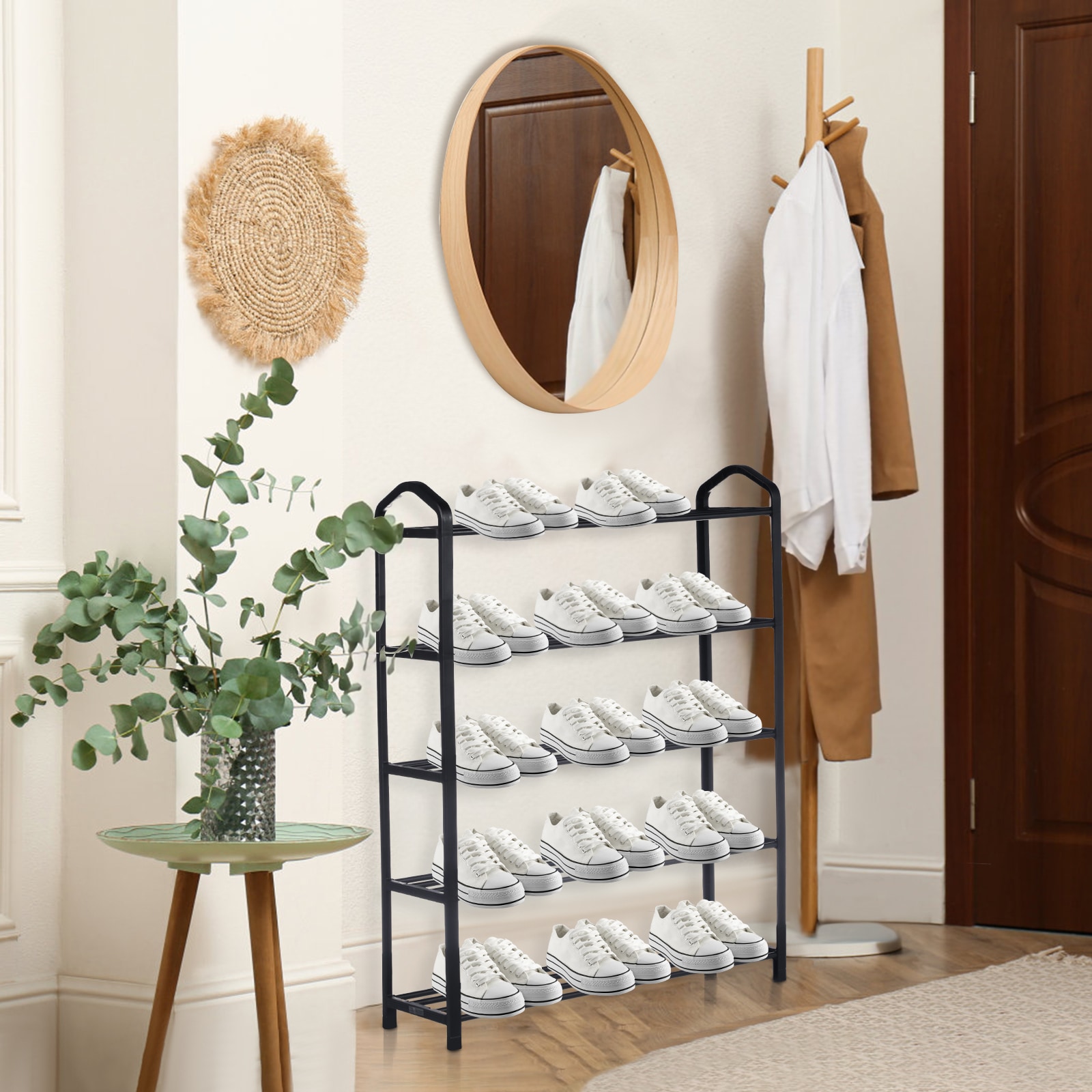 Goplus 7-Tier Black Wood Shoe Rack, Freestanding Shoe Storage for 7 Pairs, 43.5-in H