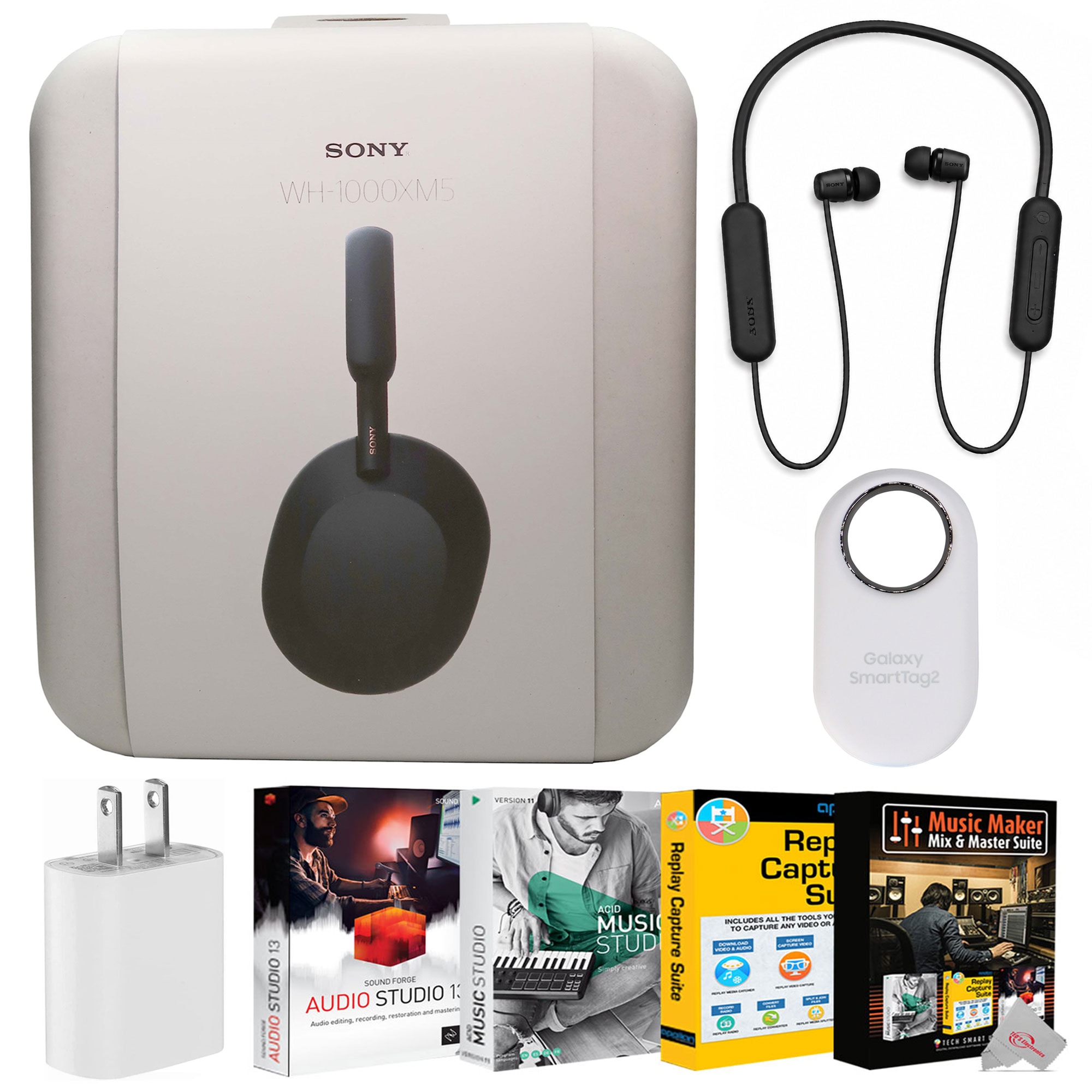 Sony  WH 1000XM5 Noise Canceling Wireless Over Ear Headphones Black  WI C100 Wireless In Ear Headphones   Black USB C Plug Samsung SmartTag2 Bluetooth UWB  IP67 Water and Dust Resistant  Findable via App   White