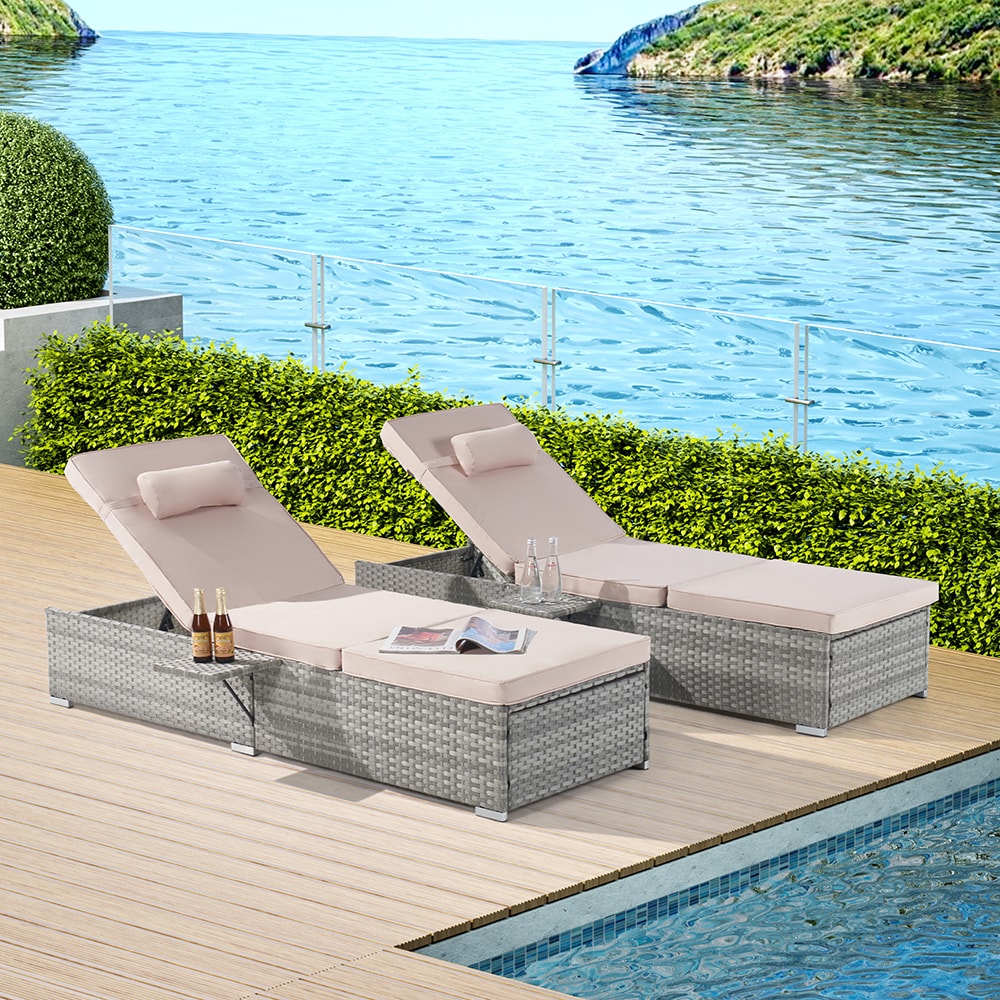 Mondawe MA-N17TOP12AAC Set of 2 Wicker Gray Steel Frame Stationary Chaise Lounge Chair with Beige Cushioned Seat