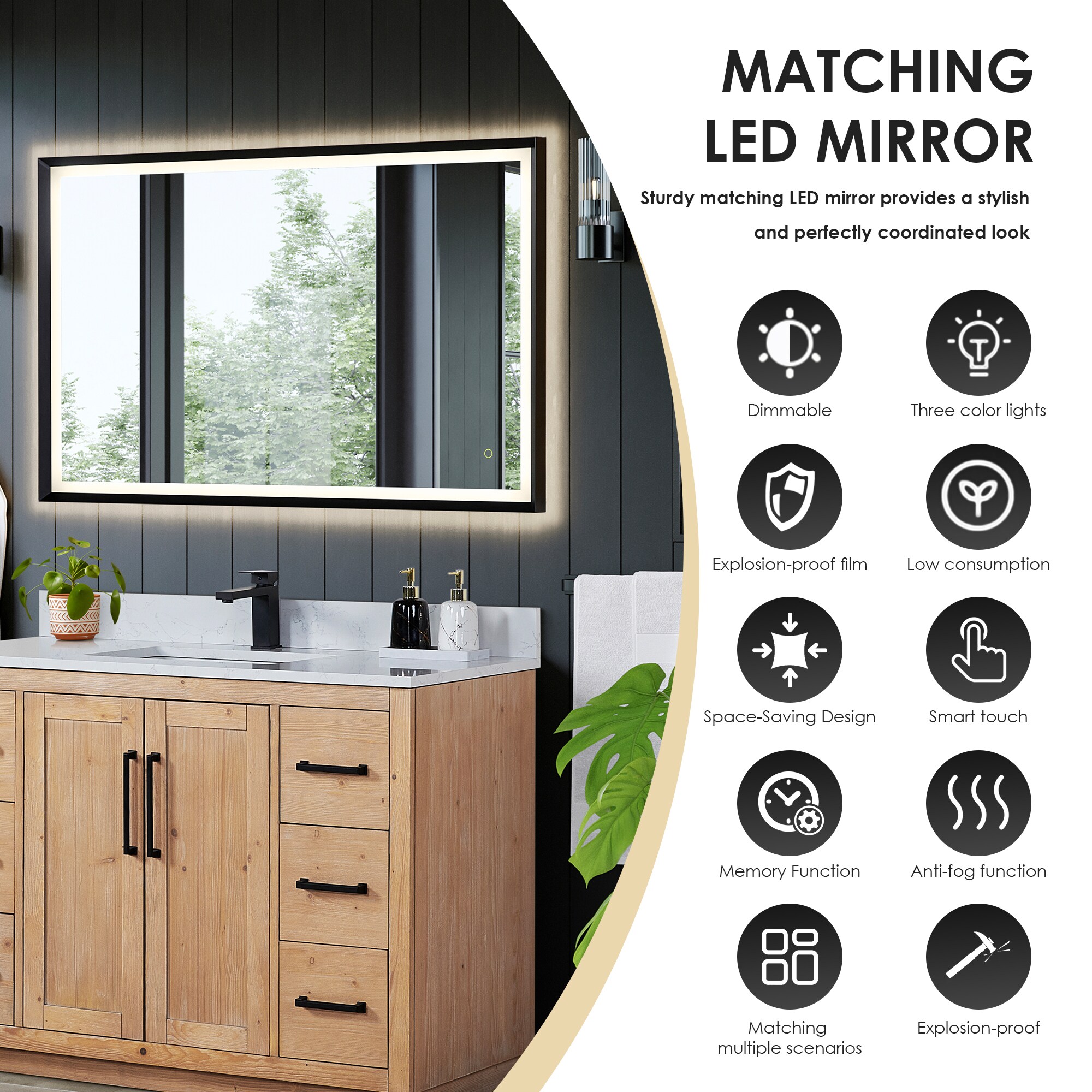 Cicero 48" Light Brown Fir Wood Vanity with White Stone Top and Mirror