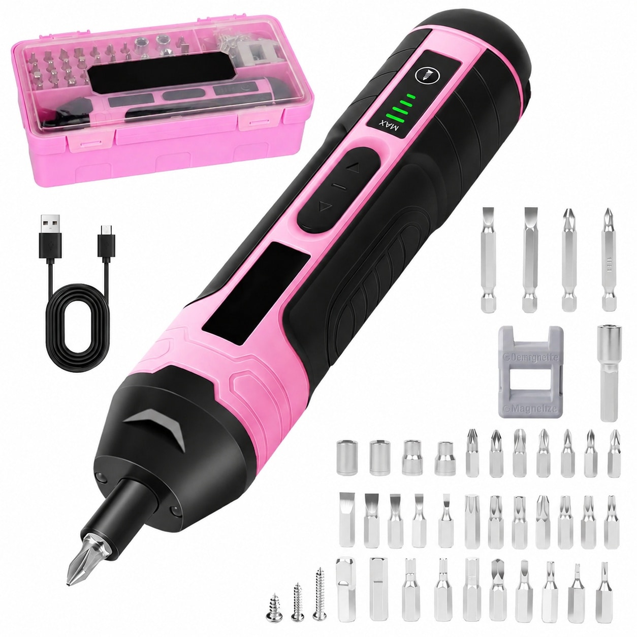 Linder Group Inc Cordless Screwdriver Compact Electric Tool with Magnetic Bits Type C Charging LED Light Four Torque Settings 105 pcs Set Storage Box Pink for
