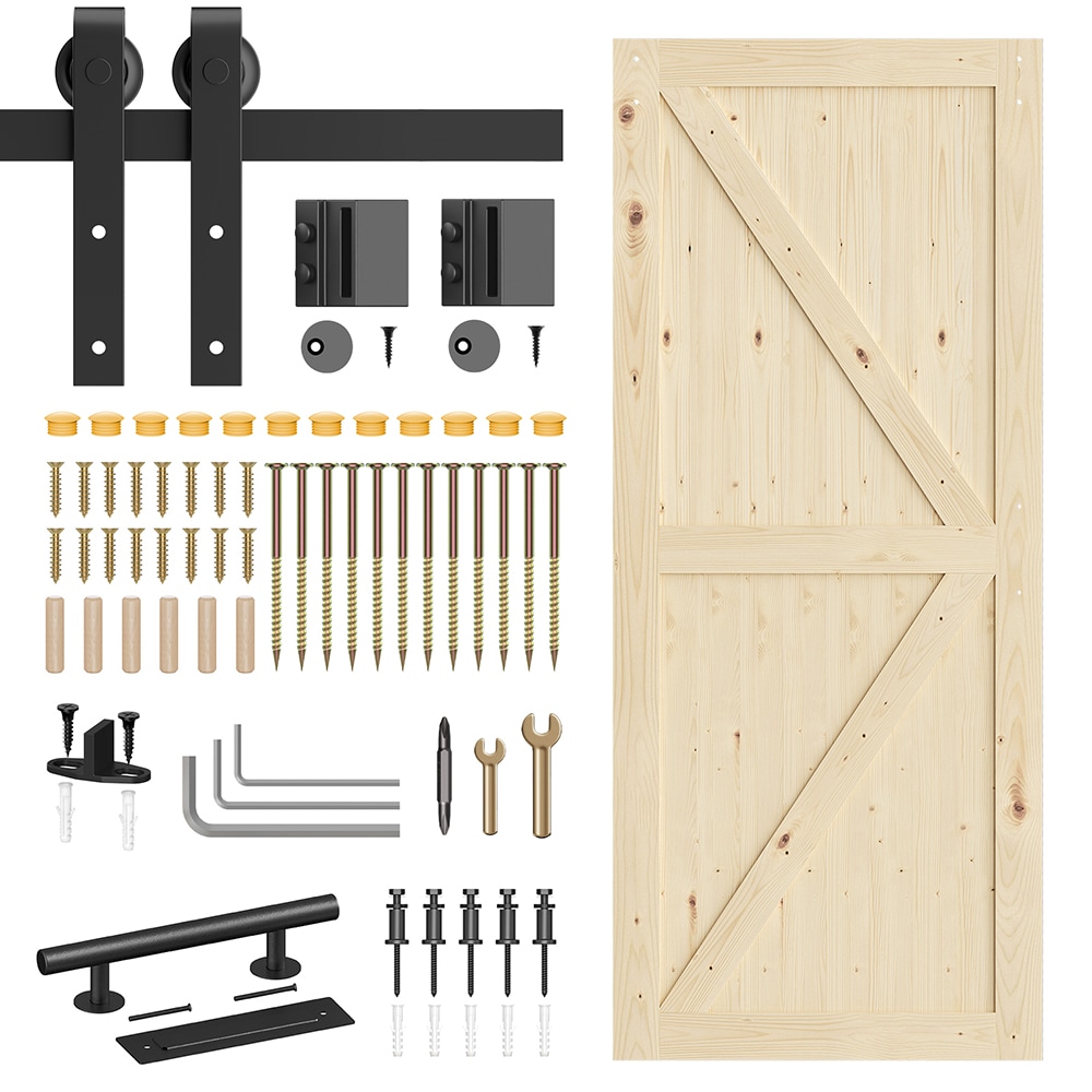 LOVMOR BD-CF540046E0-36 36 in. x 84 in. Sliding Barn Doors with 72 in. Hardware Kit Wood Unfinished Solid Pine Barn Doors with Track Kit