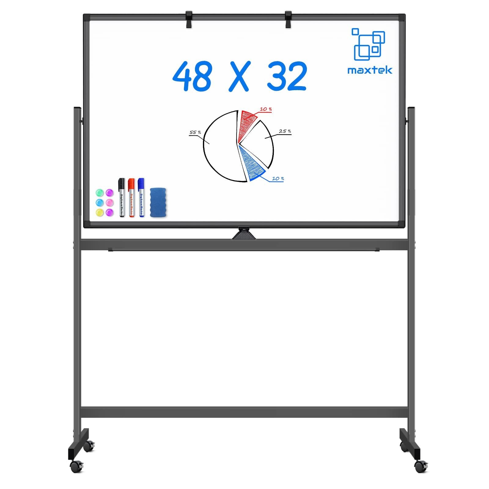 Maxtek  Rolling 48-in W x 32-in H Whiteboard on Wheels Black Frame Double Sided Magnetic Dry Erase Board