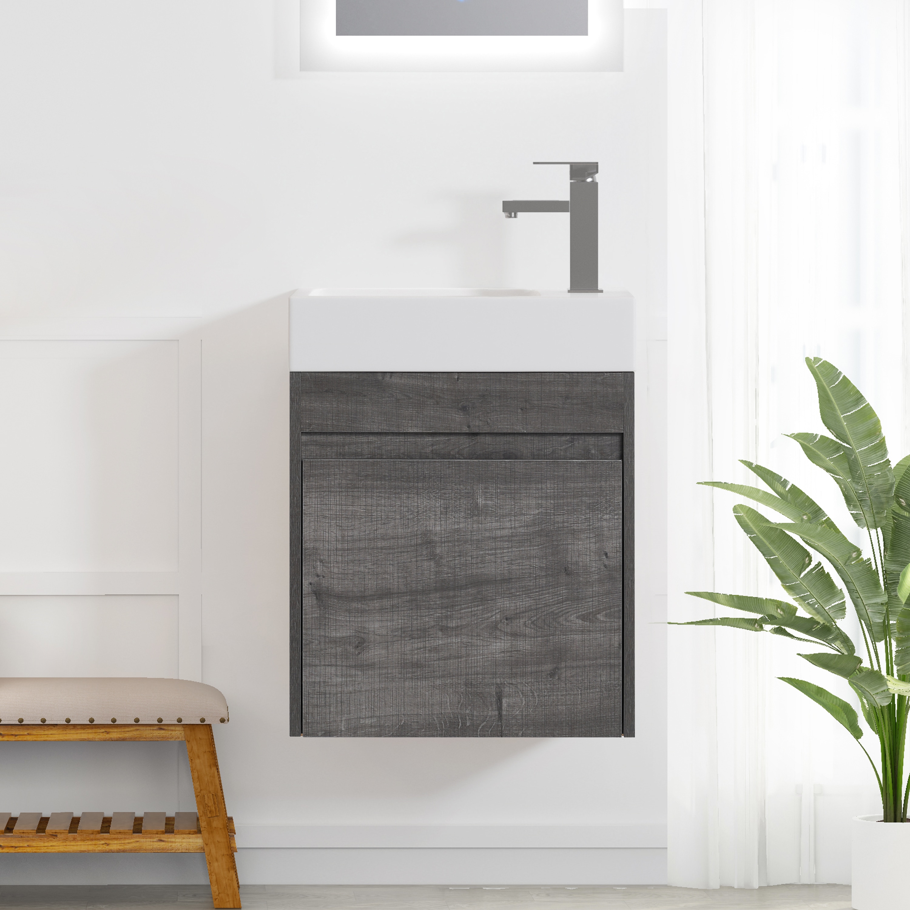 Wooakway - 18 Inch Wall Mounted Floating Plywood Single Door Bathroom Vanity Pure White White Res...