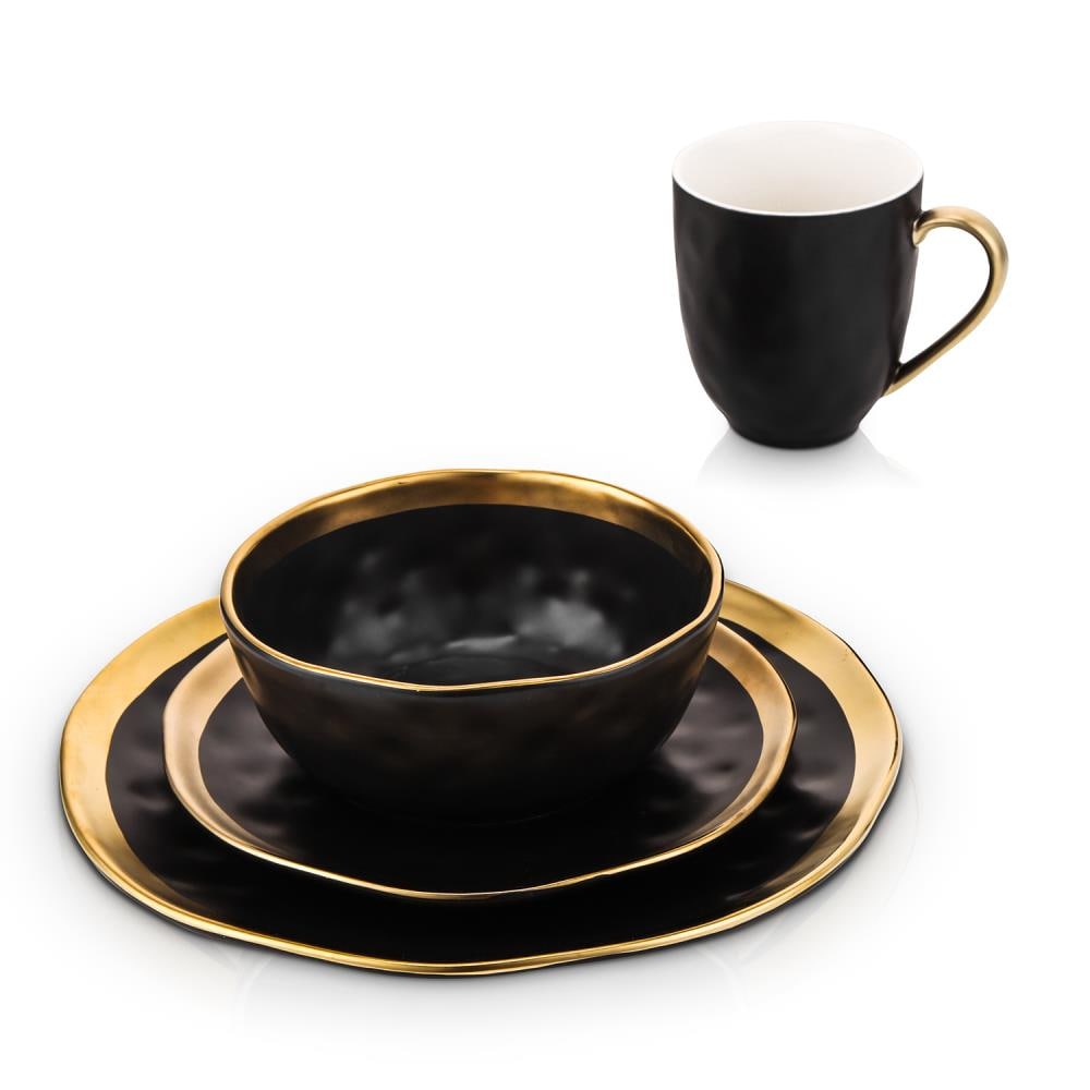 Matte Black Porcelain Dinnerware Set 12 Piece Service for 4, Dishes, Round Plates, Bowls, Golden Rim Dish Set for Home Decor