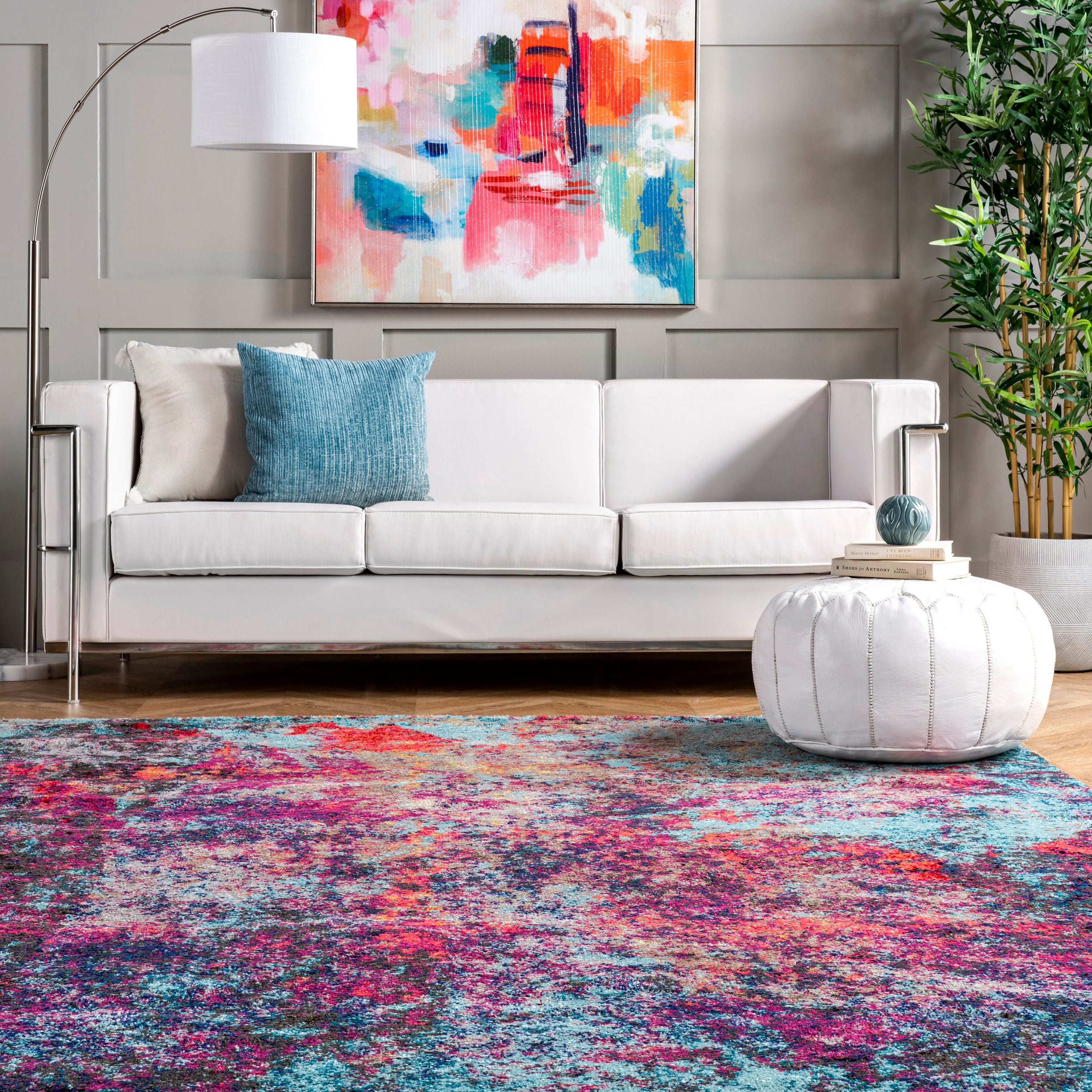 Reversible Blue and Pink Abstract Synthetic Runner Rug