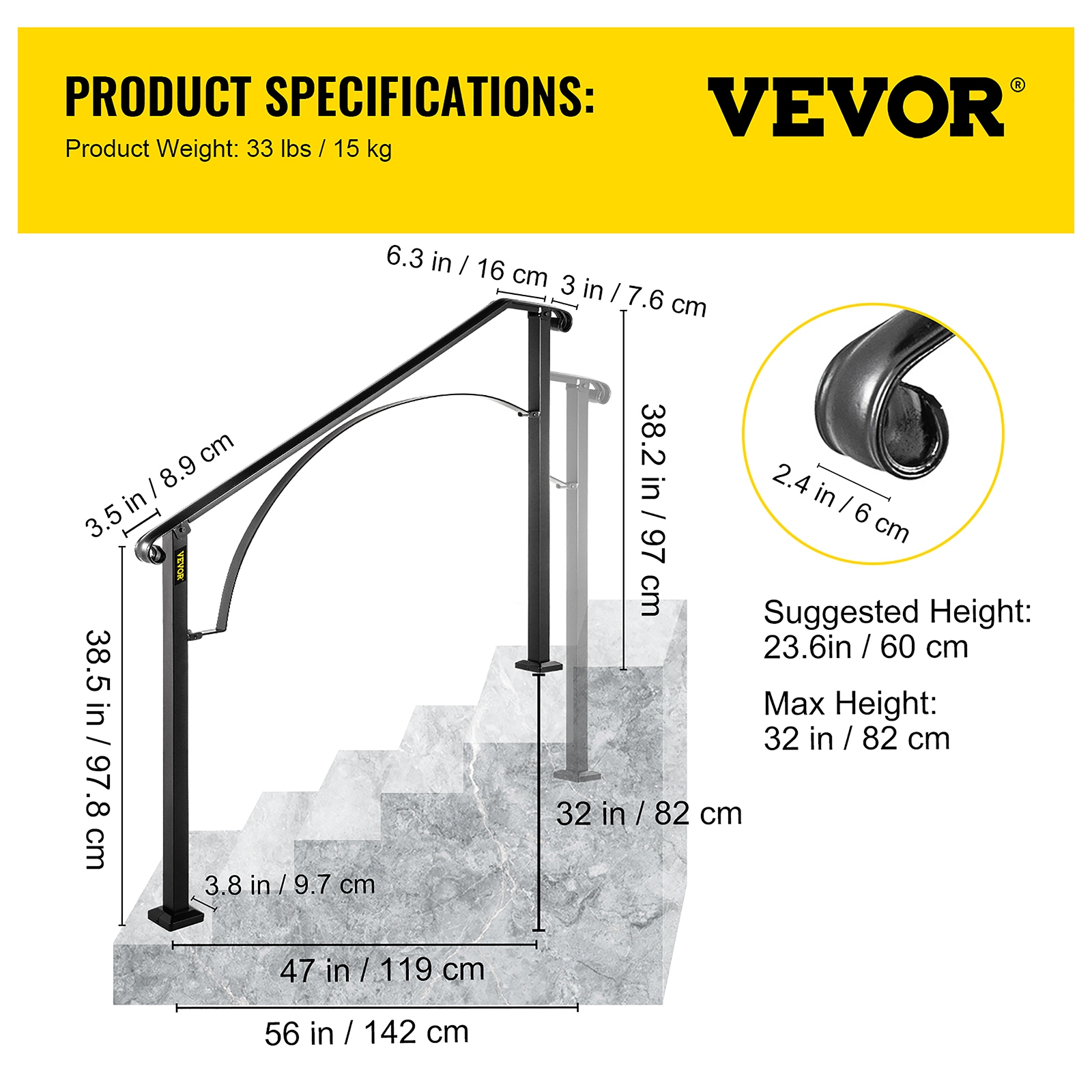 VEVOR 4-5 Steps Wrought Iron Handrail 56-in x 38.5-in Wrought Iron ...