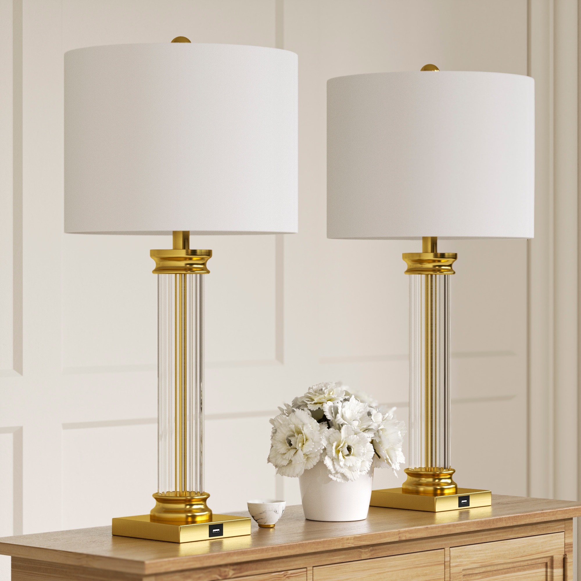 Maxax T193-GD Deluxe 28-Inches Brass LED Incandescent Touch Table Lamp with Linen Shade 2 -Set