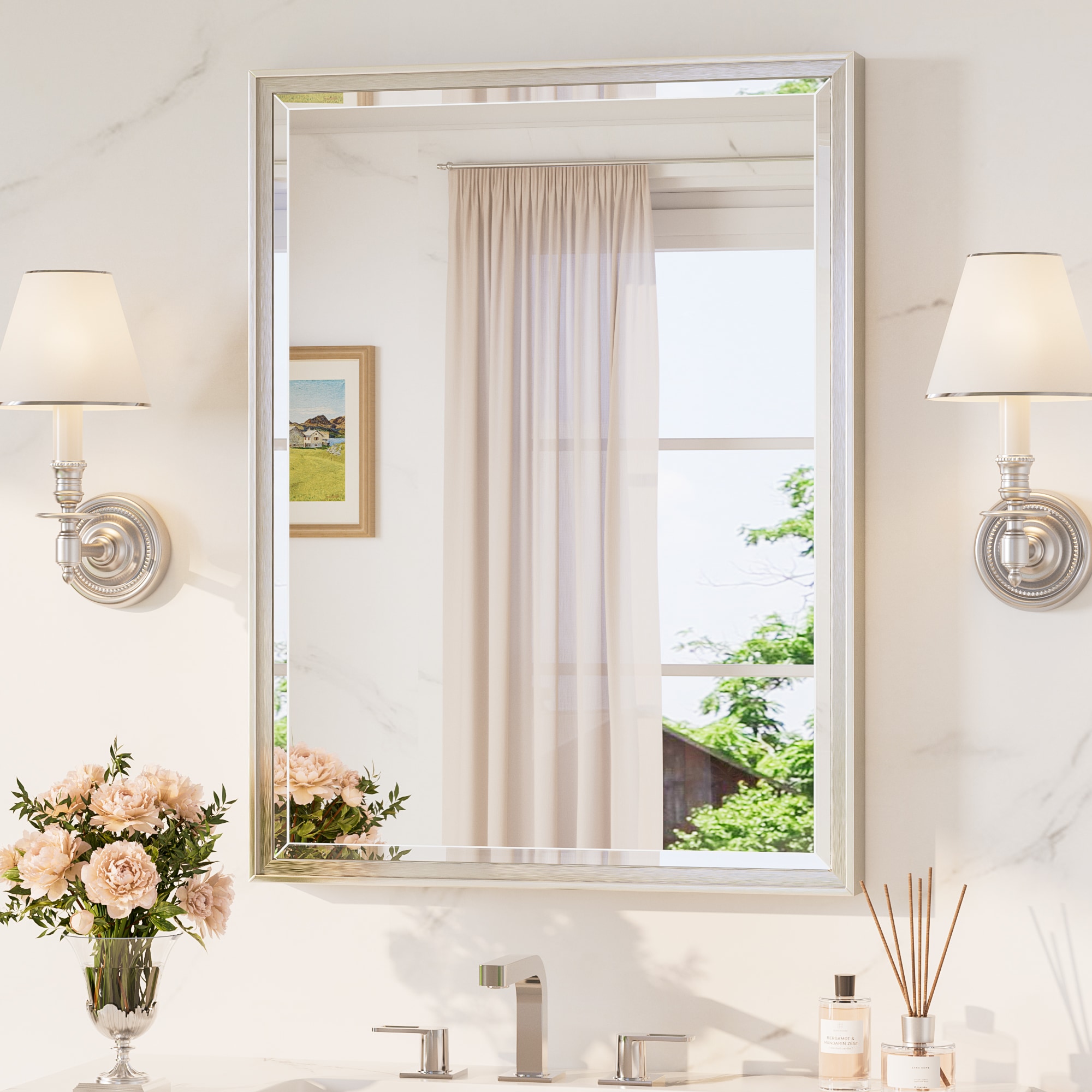 TETOTE Bathroom Mirrors 24x32 inch Beveled Rectangle Bathroom Vanity Mirror with Brushed Nickel Framed