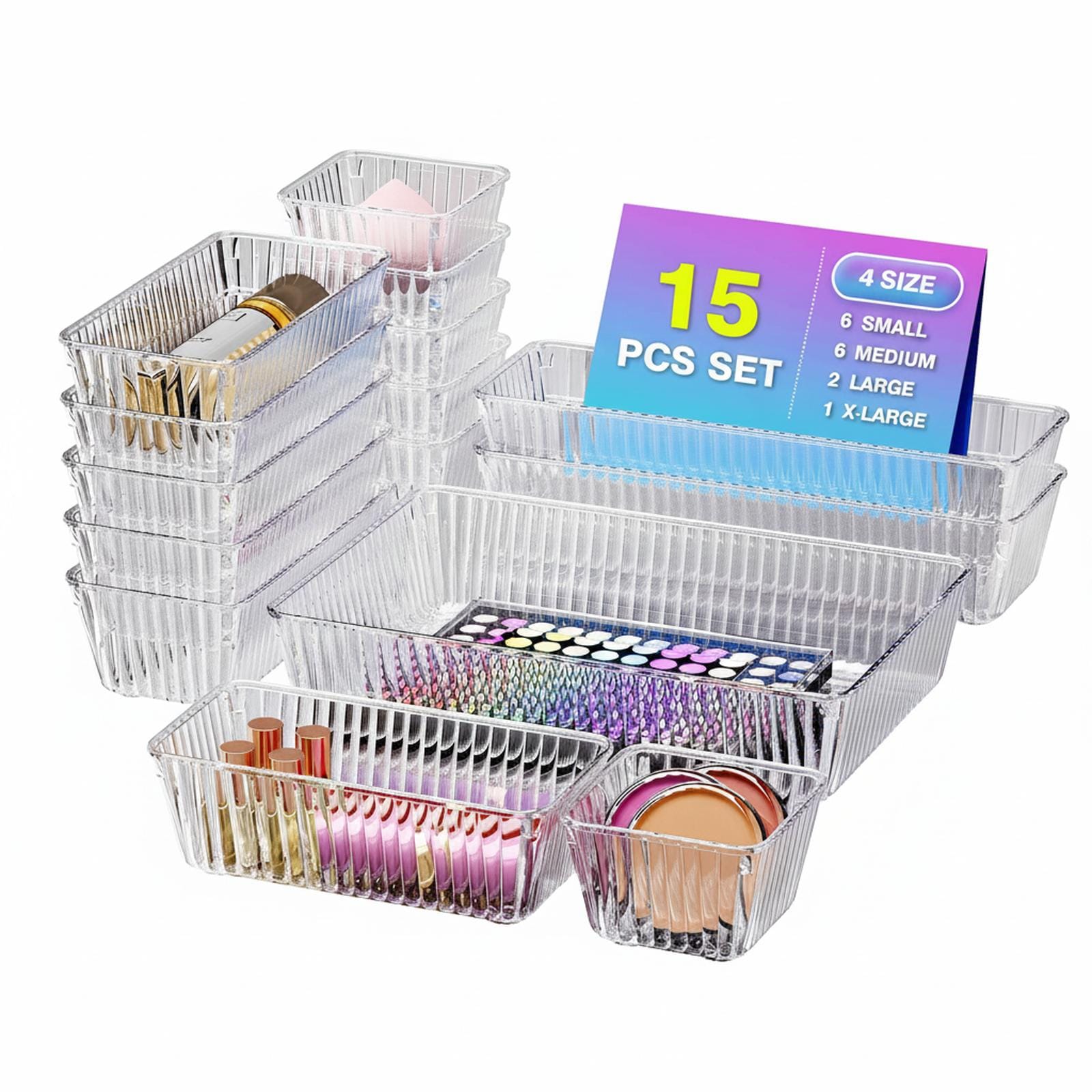 Baginizer 47 Clear Plastic Drawer Organizer Set 4 Sizes Customizable Storage Bins for Makeup Desk Bathroom Office Kitchen Bedroom #BAGINIZER001185
