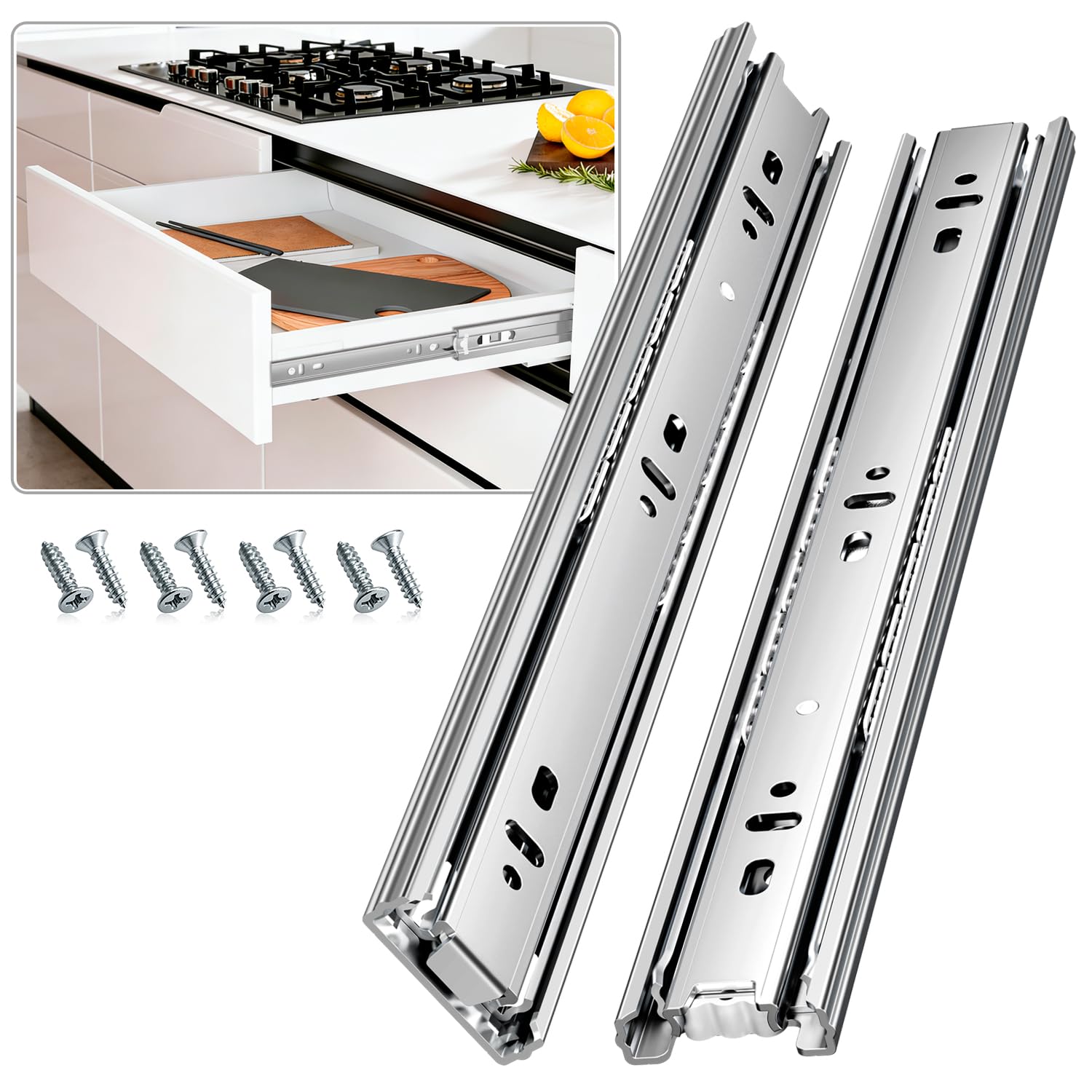 SenQWFa  Drawer Slides Ball Bearing Three Fold Full Extension Side Mount Cabinet Runners Glides Rails Track 100 Lbs Load 24 Inch Silver Pair