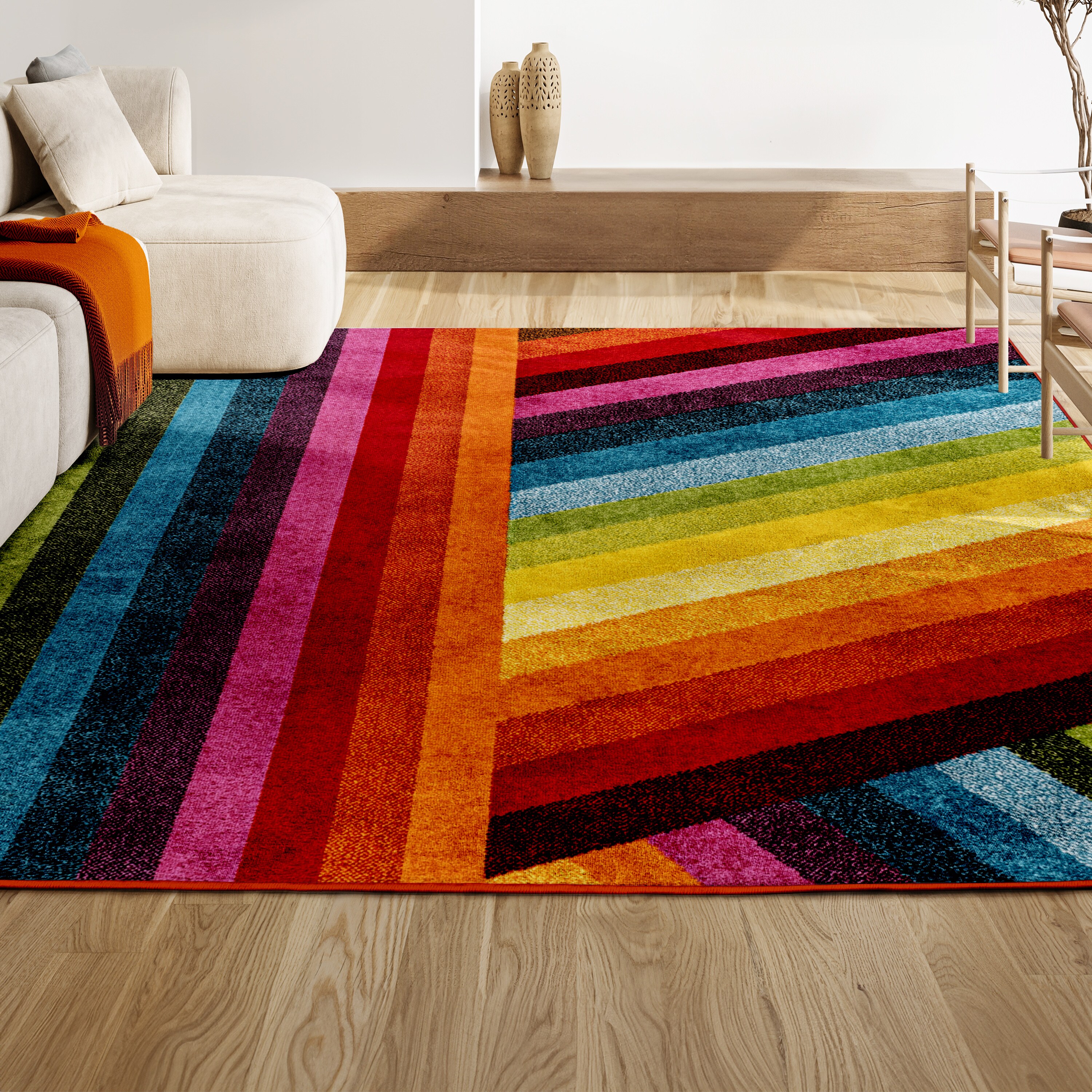 Retro Rainbow Multi-Color Synthetic Stripe Kids Area Rug 3' x 5'