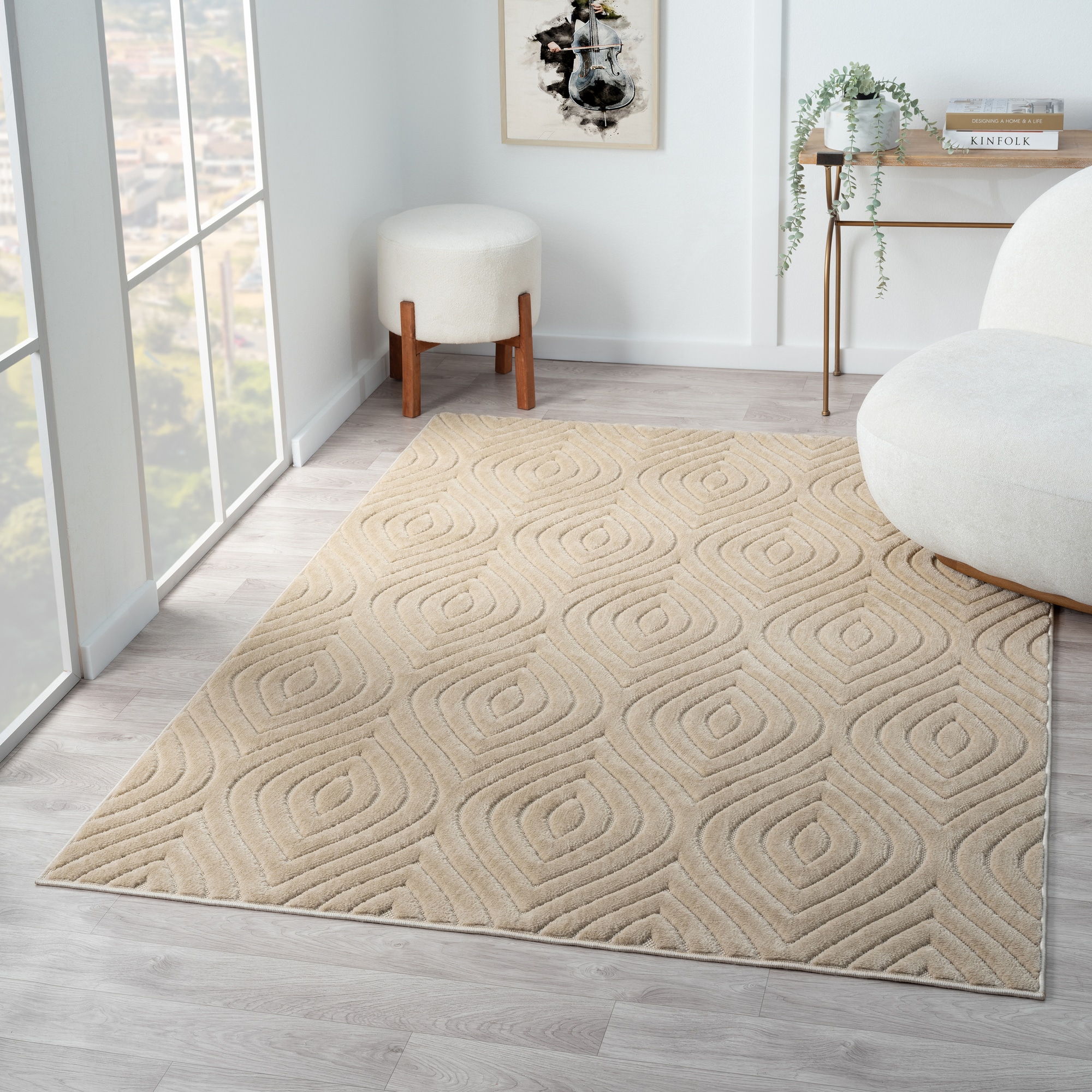 Beige Rectangular 5' x 7' Synthetic Stain-Resistant Area Rug