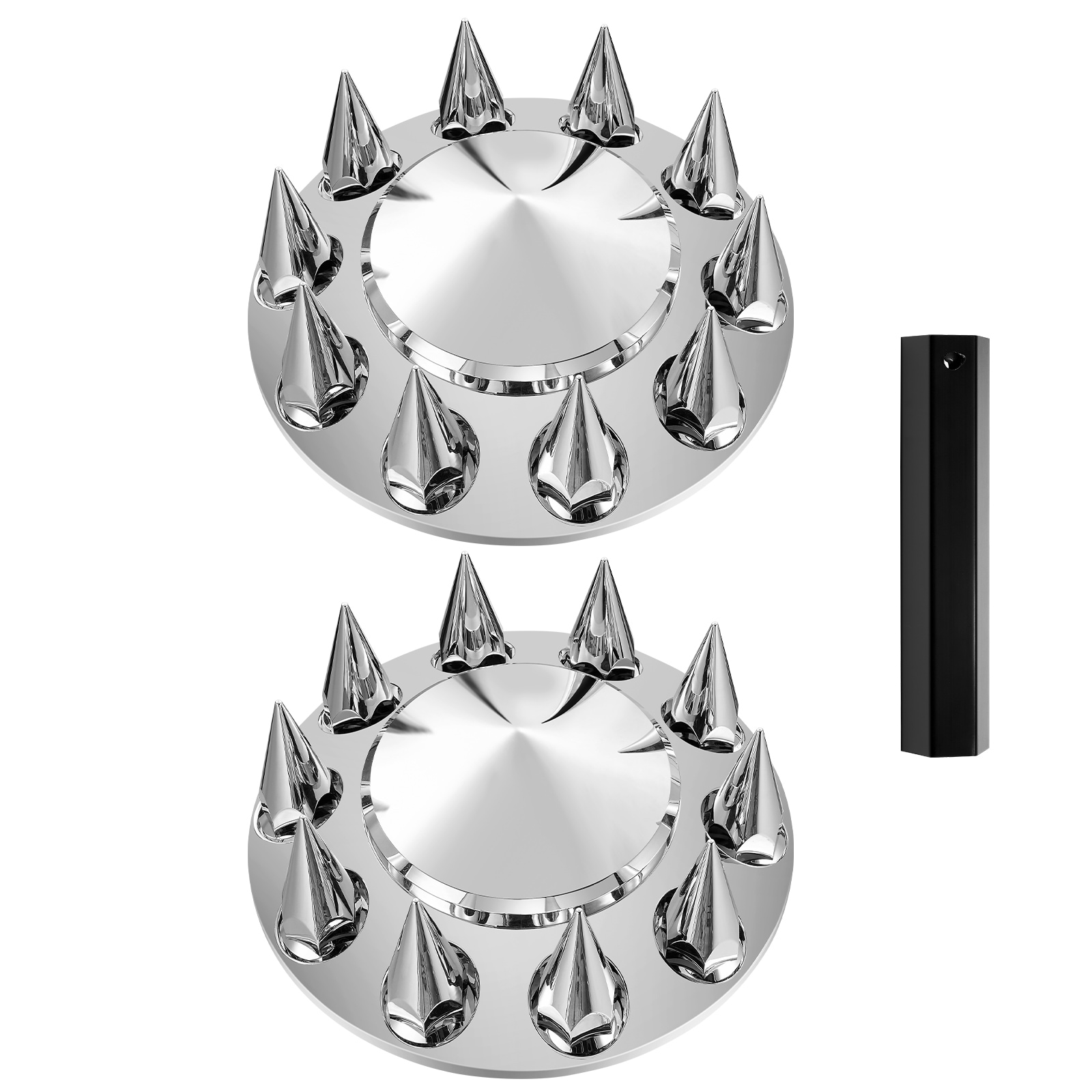 SVOPES SVOPESBKCZGTJ11498V0 Front Axle Wheel Covers. Spiked Design for Semi Trucks. Durable ABS with Rust-Resistant Finish. Universal Fit with Lug Nut Covers. Includes Installation Tool and Complete Cover Kit