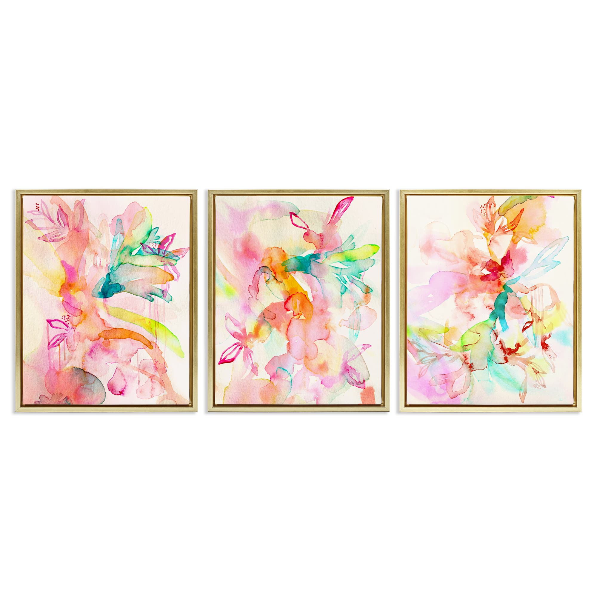 Stupell Industries A3-465-FFG-3PC-16X20 Abstract Florals and Paint Drip 3 Piece Gold Framed Floater Canvas 17 x 21