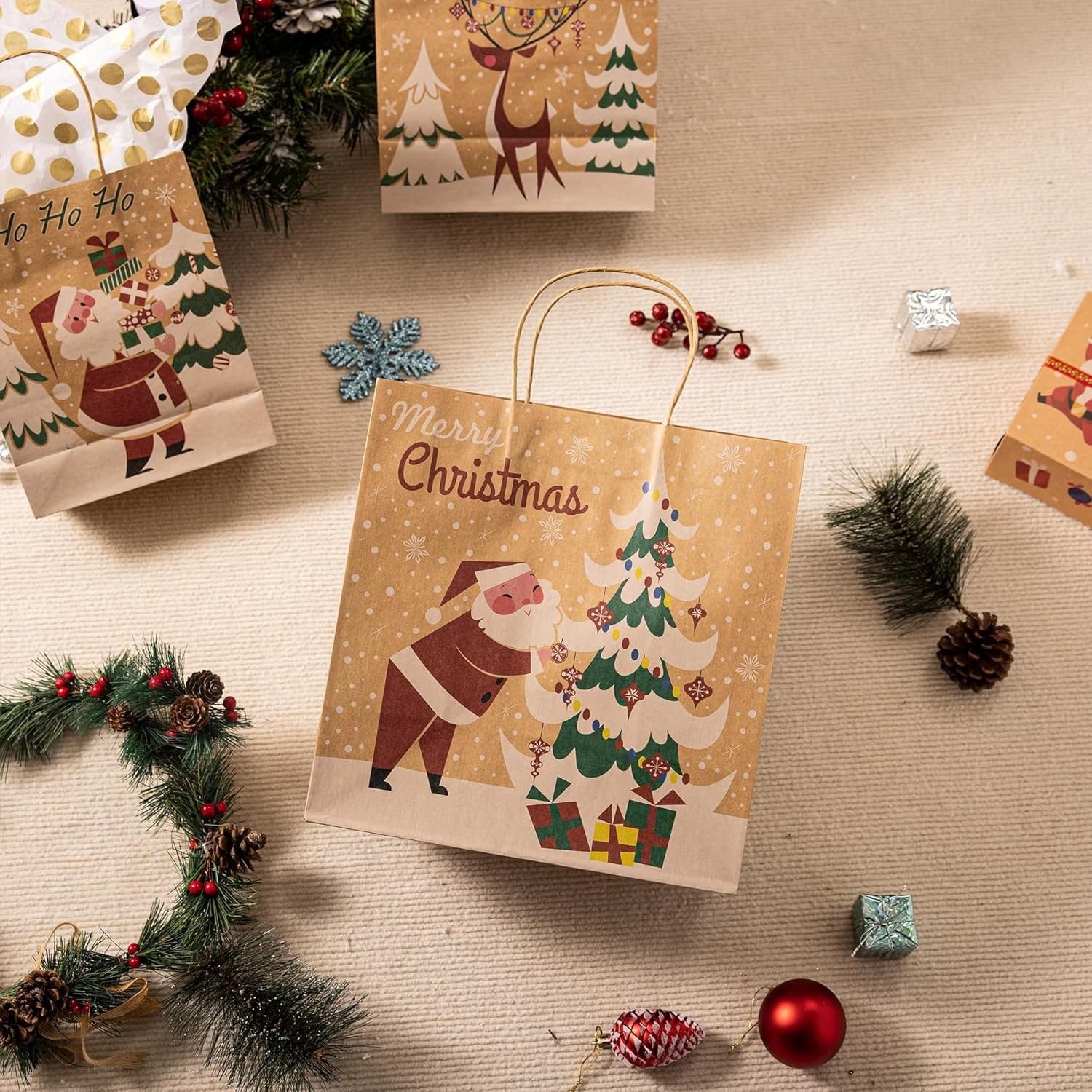 Joyfy 3 -Pack Christmas Faux flax Gift Bag