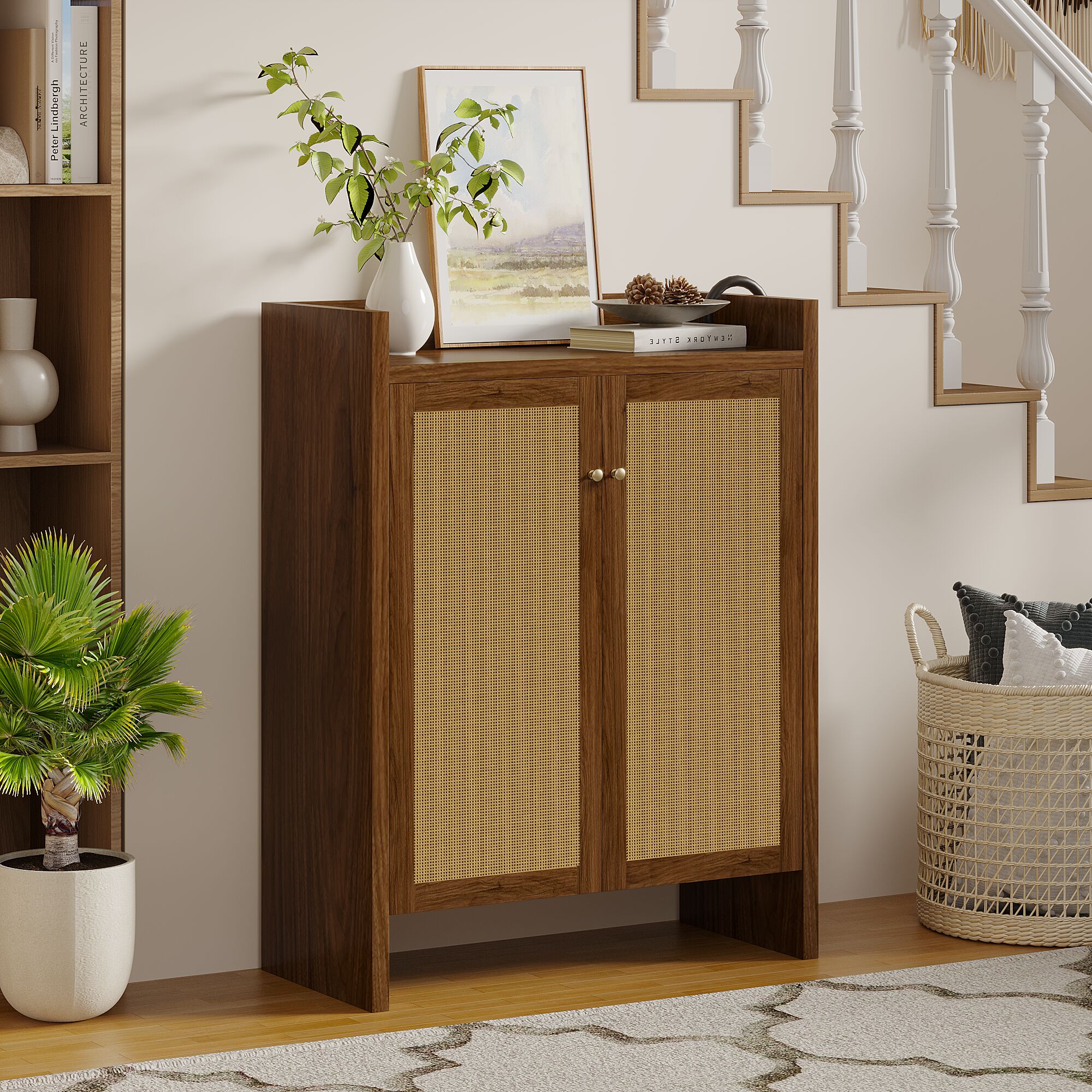 SUNALLY 42 Point 5 in Tall Rattan Shoe Cabinet with Doors 6 Tier Shoe ...