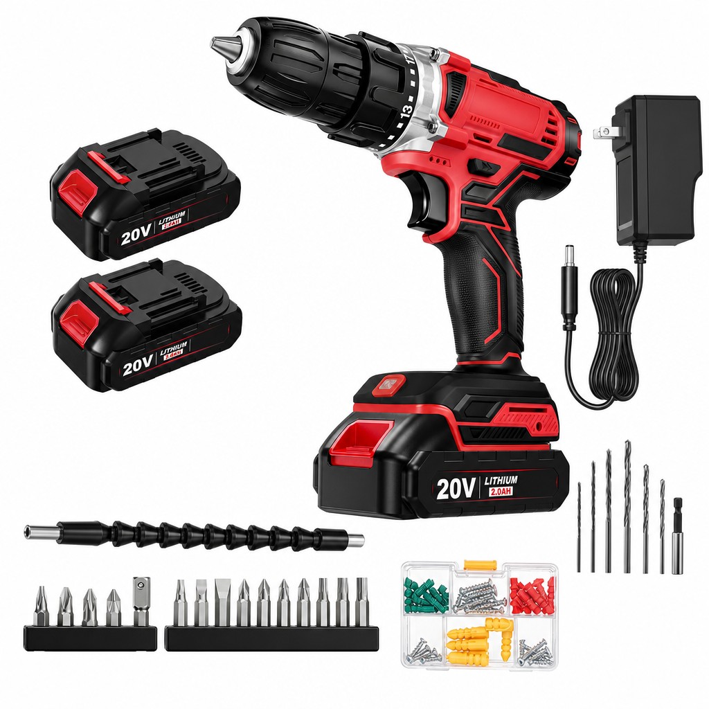 OGETFUUR 20V Cordless Drill Set Electric Power Drill Driver with 2.0Ah Batteries 30 Nm 21 plus 1 Torque 2 Speed 34 Accessories Built in LED for Home