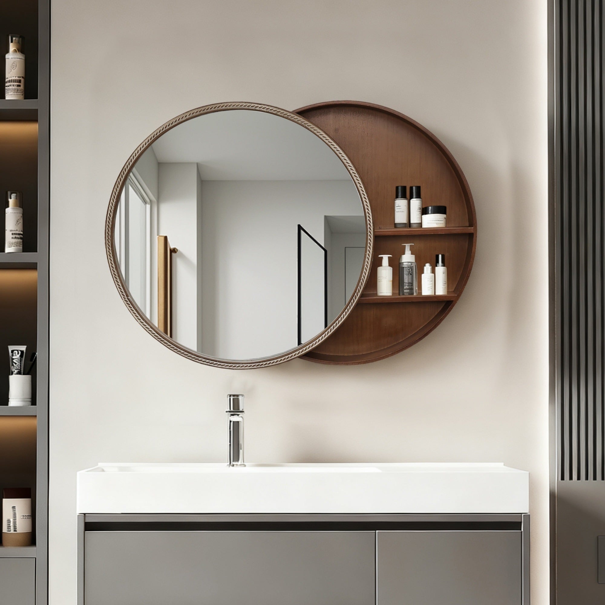 IAK 24 inch Natural Wood Sliding Round Wall Mirror with Storage Shelves and 2-Tier Wooden Side Cabinet