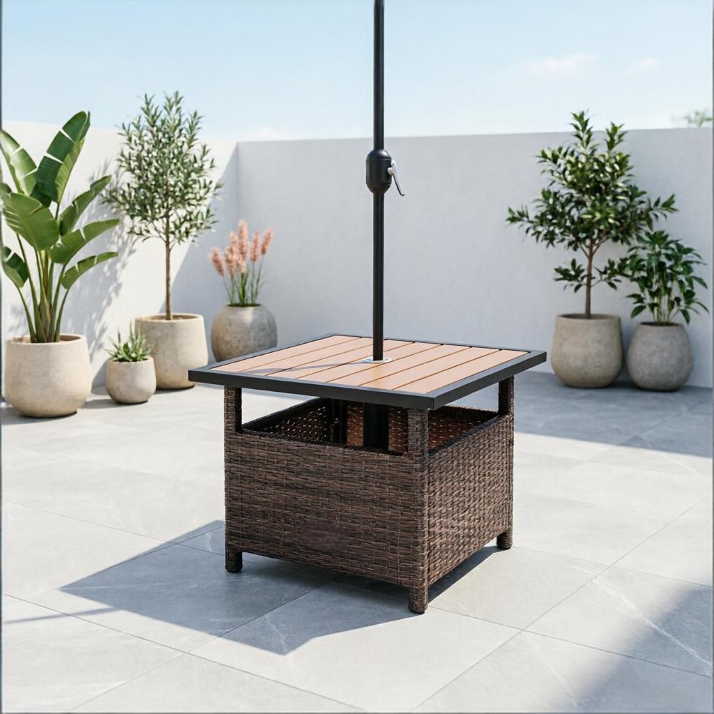 JUSHUA - 22 Inch Brown and Light Yellow Outdoor Side Table with Umbrella Hole Rattan Wicker End T...