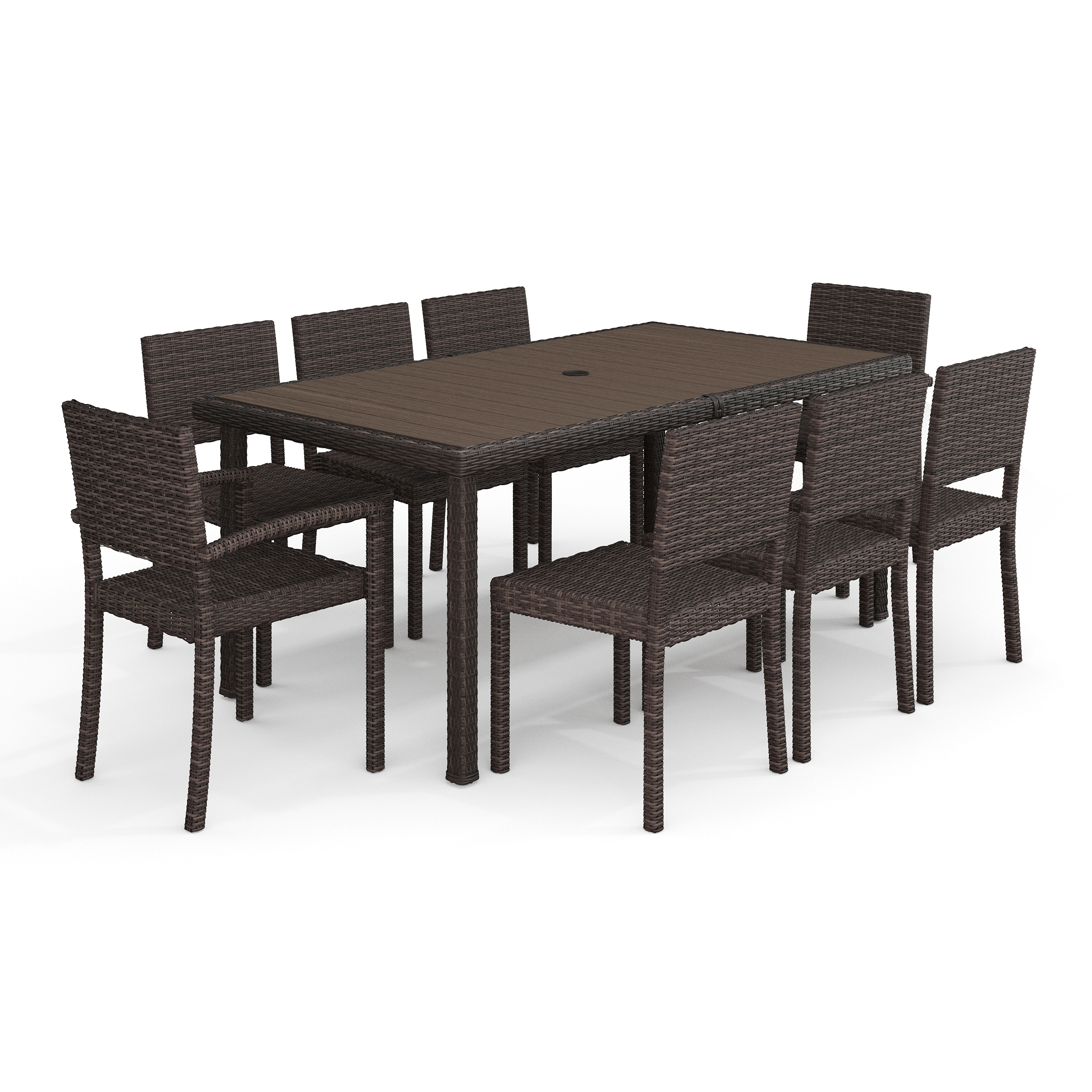 Martha Stewart 196861191367 Bedford 9-Piece Indoor-Outdoor Dining Set with 8 Stackable Dining Chairs and 71-in Patio Table with Engineered Wood Top in Brown Rattan Wicker