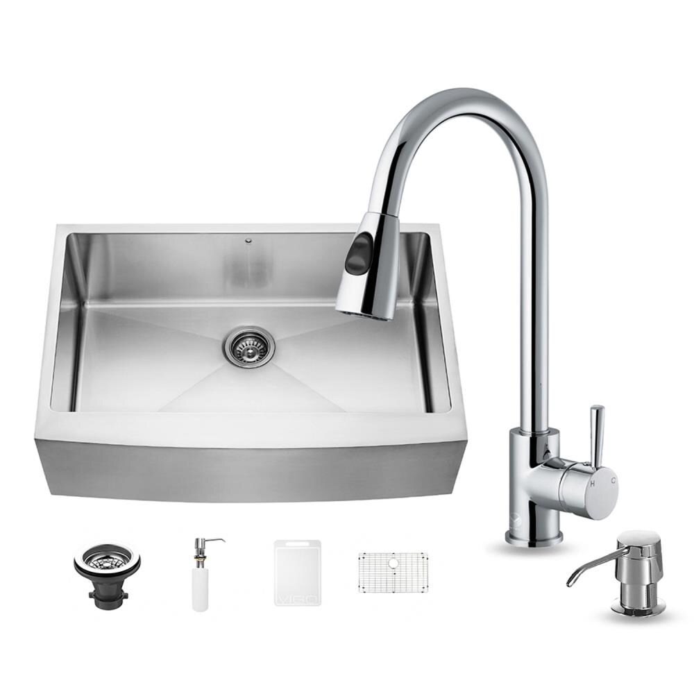 VIGO Bedford 33-in x 22.25-in Stainless Steel/Chrome Single Bowl Tall (8-in or Larger) Undermount Apron Front/Farmhouse Commercial/Residential Workstation Kitchen Sink All-in-One Kit