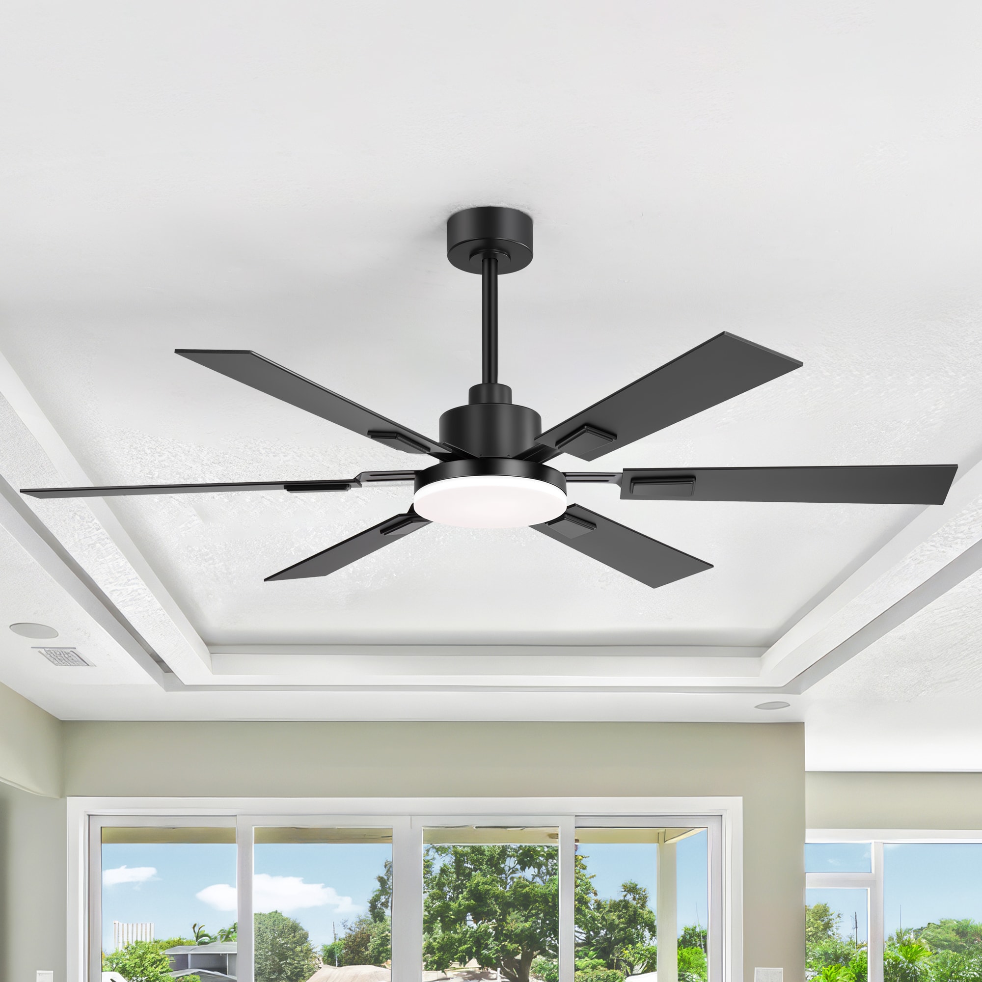 Breezary 32033-BK Stylish 60-in Color-Changing Integrated LED Matte Black with Black and Dark Brown Blades Chandelier Ceiling Fan With Light - Remote Included ( 6 -Blade )