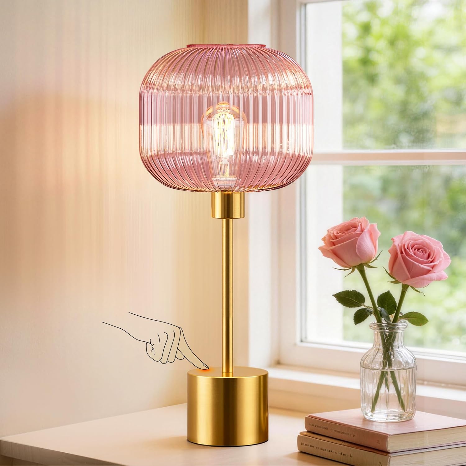 Cinoton Glass Table Lamp for Living Room Modern Bedside Lamp with Pink Ribbed Glass Shade 3-Way Dimmable Touch Control Nightstand Lamp for Bedroom Brushed Gold