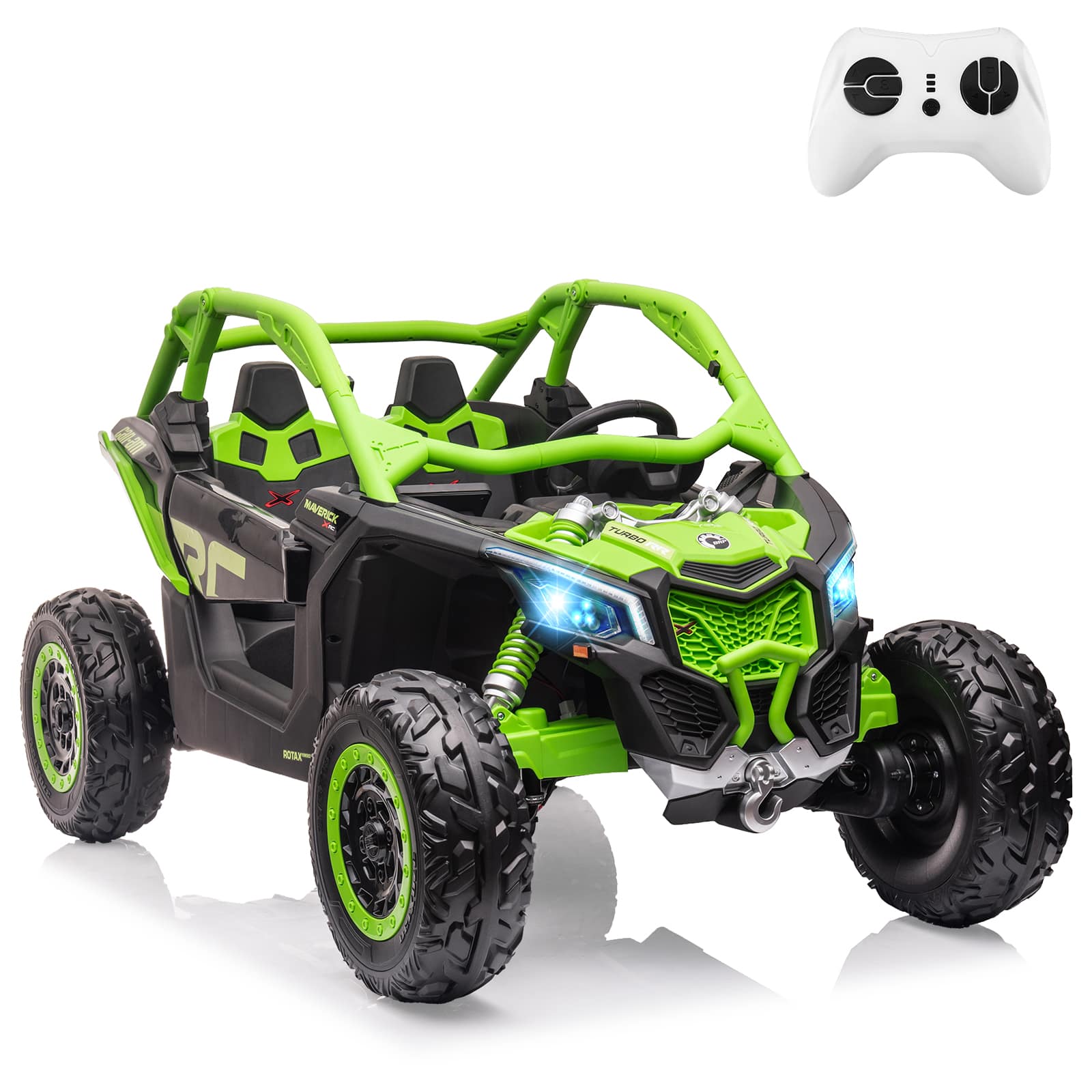 Qeetex TOYPTO0YV2UX9F Licensed Can Am 2 Seater Ride On UTV Car With Dual 24V Batteries 4 Motors Led Lights Spring Suspension Remote Control Green