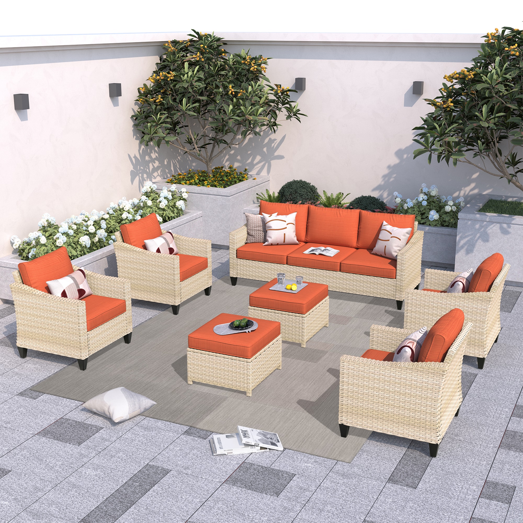 XIZZI Aries 7-Piece Rattan Patio Conversation Set with Orange 