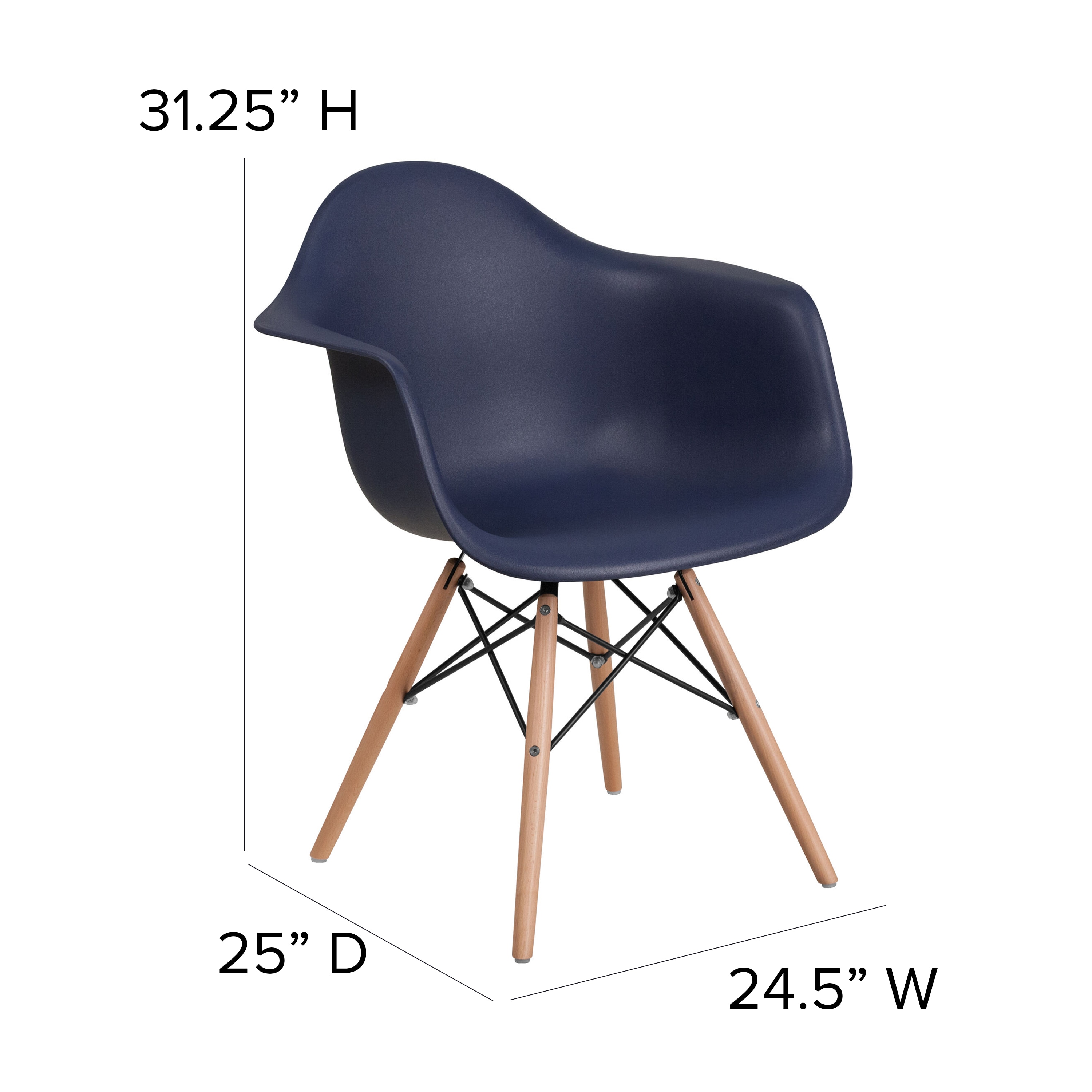 Navy Plastic Side Chair with Wooden Legs, Set of 2