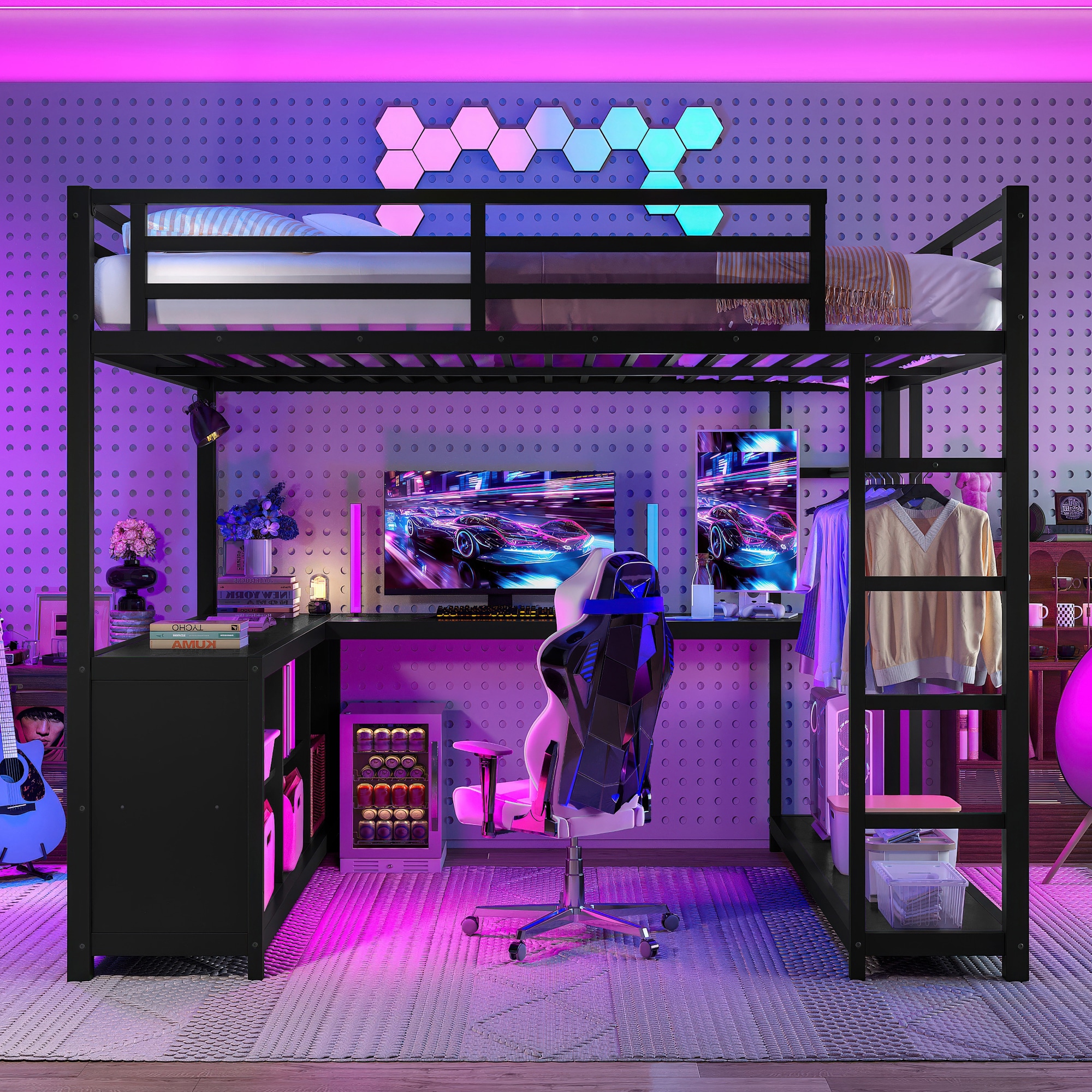 Dacicica Queen Size Metal Loft Bed Designed with Wardrobe L Shaped Desk ...