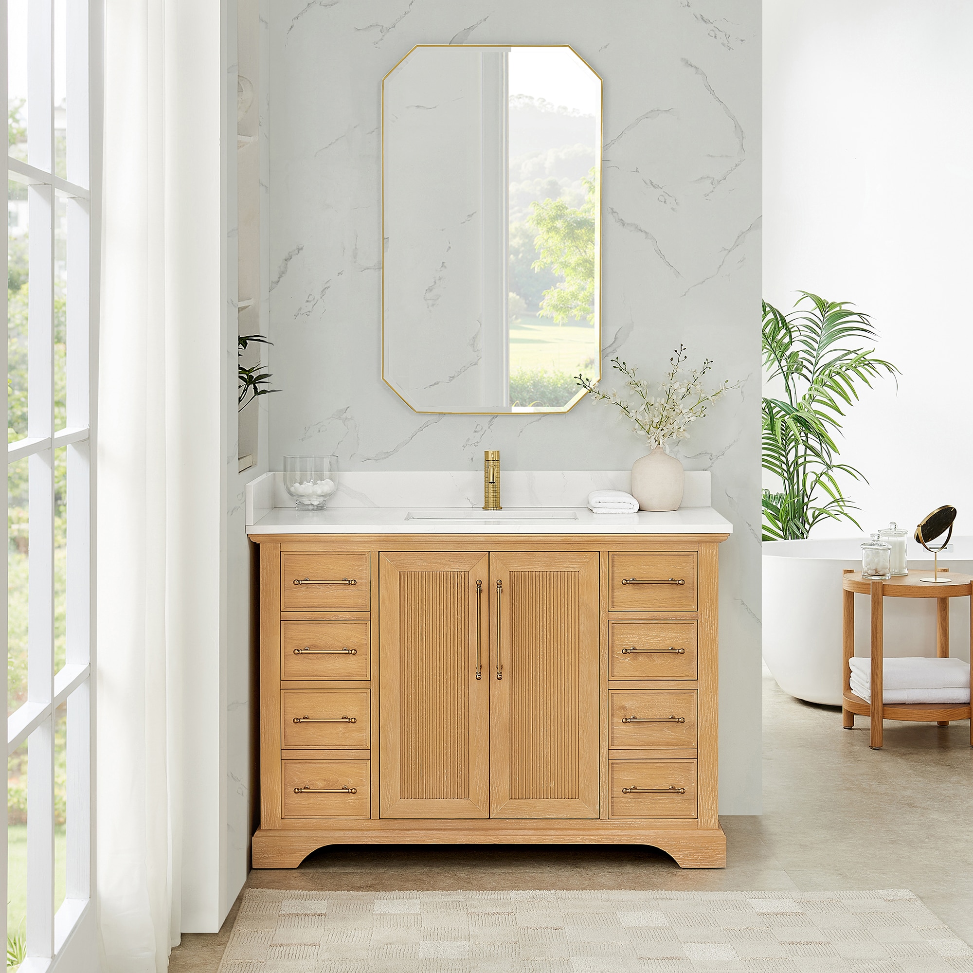 Vinnova 48-in Oak Natural Brown Finish Undermount Single Sink Bathroom Vanity with White Quartz Stone Top Quartz Top