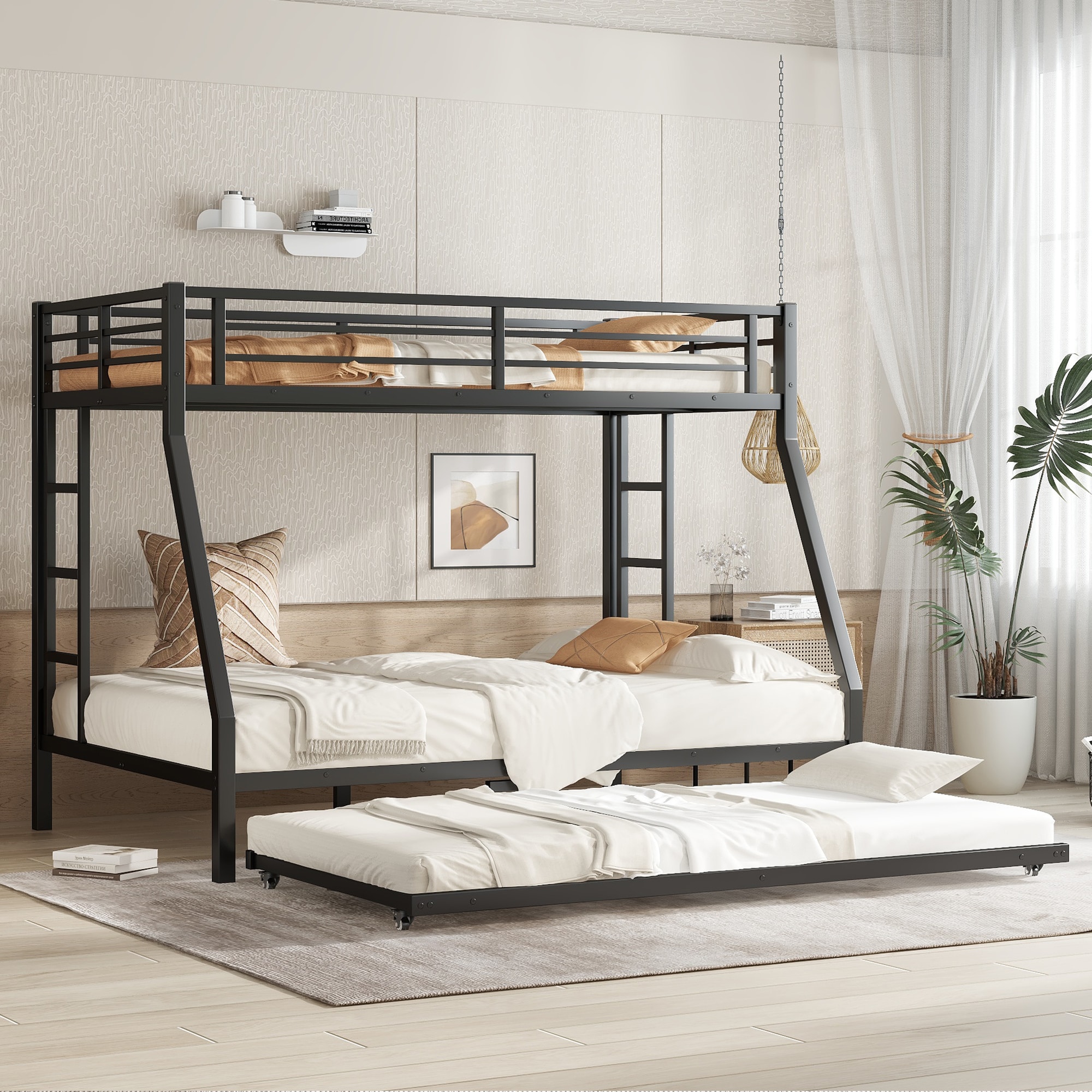 Huluwat - Black Twin over Full Metal Bunk Bed with Twin Size Trundle
