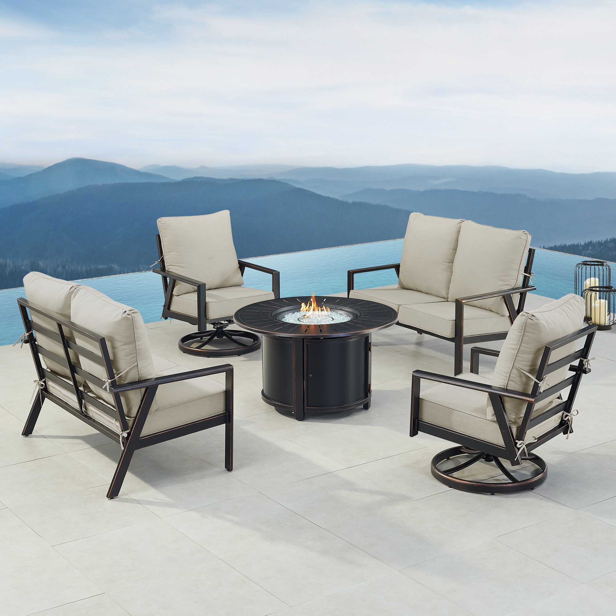 Oakland Living LUX2LS2CHNOBULGCUIBA Fire Pit Table Set, Two Loveseats, Two Lounge Chairs, Wind Guard and Ice Bucket 19 -Piece Patio Conversation Set with Gray Cushions