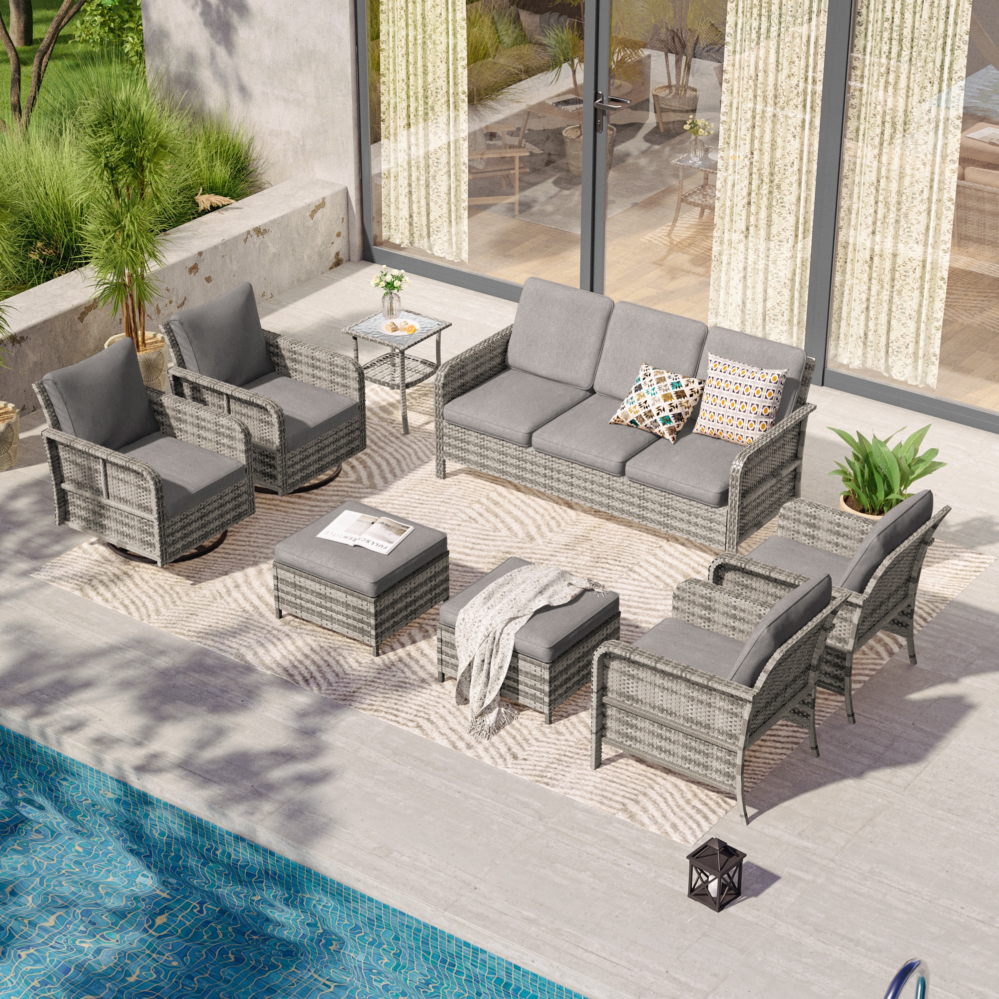 ACEGOSES LW-155HGY-2RT2 Skytop 8 -Piece Wicker Patio Sofa Conversation Set with Gray Cushions