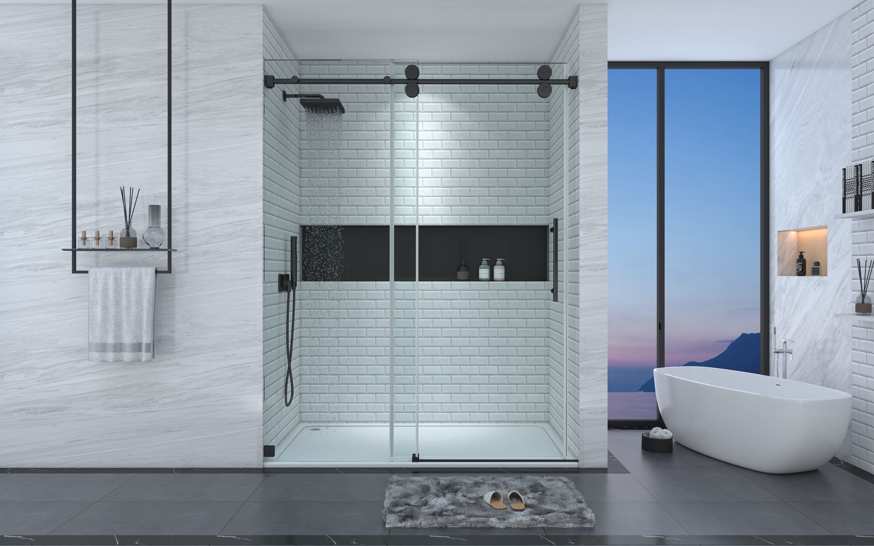 CASAINC CVY-SS04-60MB Shower Door Matte Black 57-in to 60-in W x 76-Inches H Frameless Standard Sliding Soft Close Shower door 3/8-in Thick Clear Glass