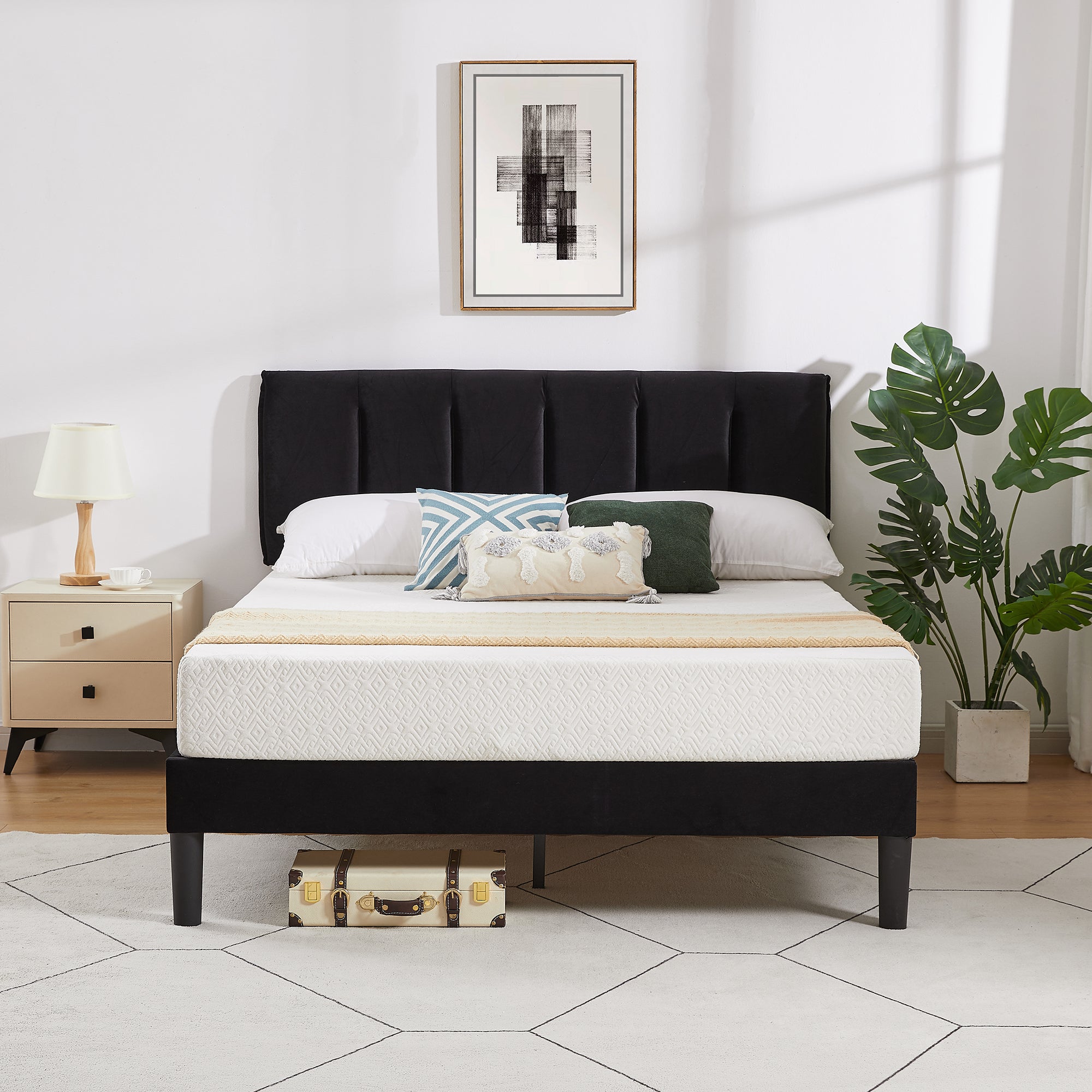 Vecelo LOE-CY-QB04-BLK Queen Bed Frame with Upholstered Adjustable Headboard Heavy Duty Platform Bed Frame with Strong Wooden Slats Support Black