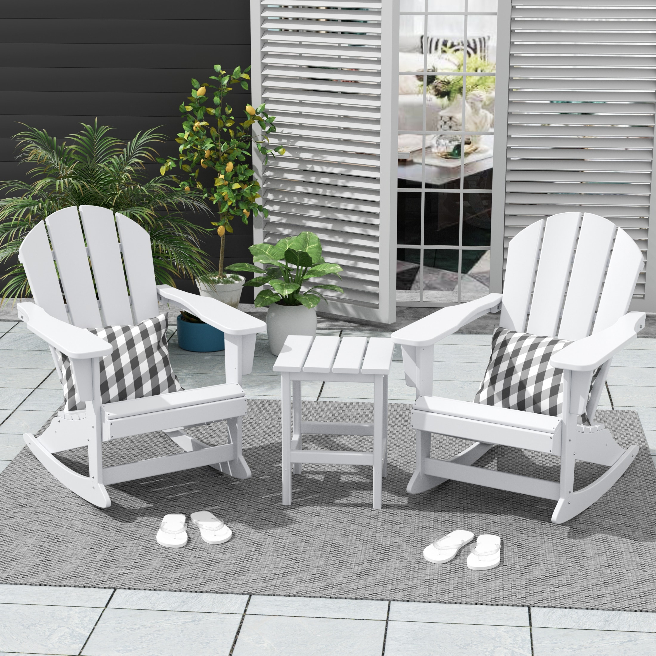 Laguna White HDPE Outdoor Rocking Adirondack Chairs with Side Table Set