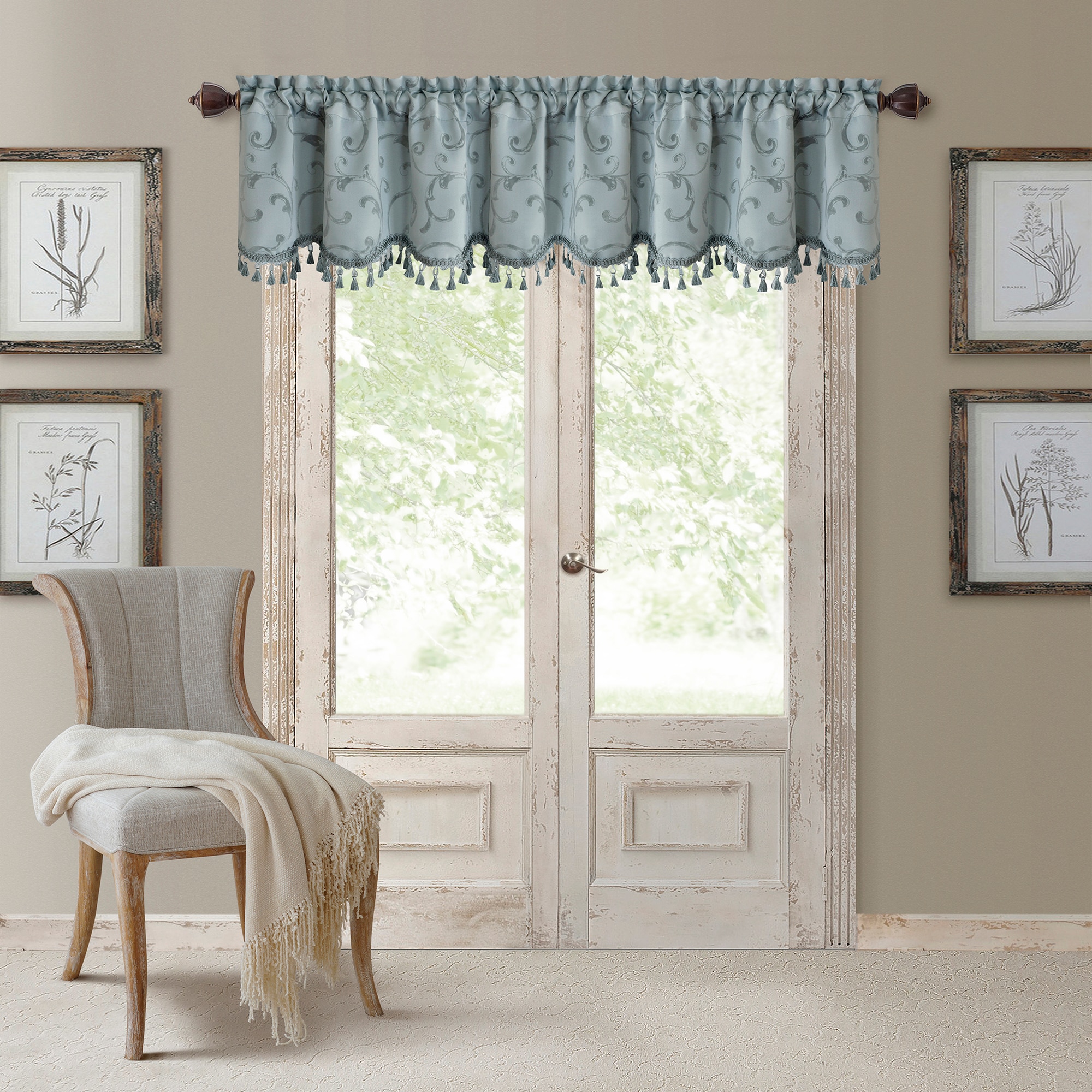 Blue Jacquard Scroll Tassel Trim Rod Pocket Valance