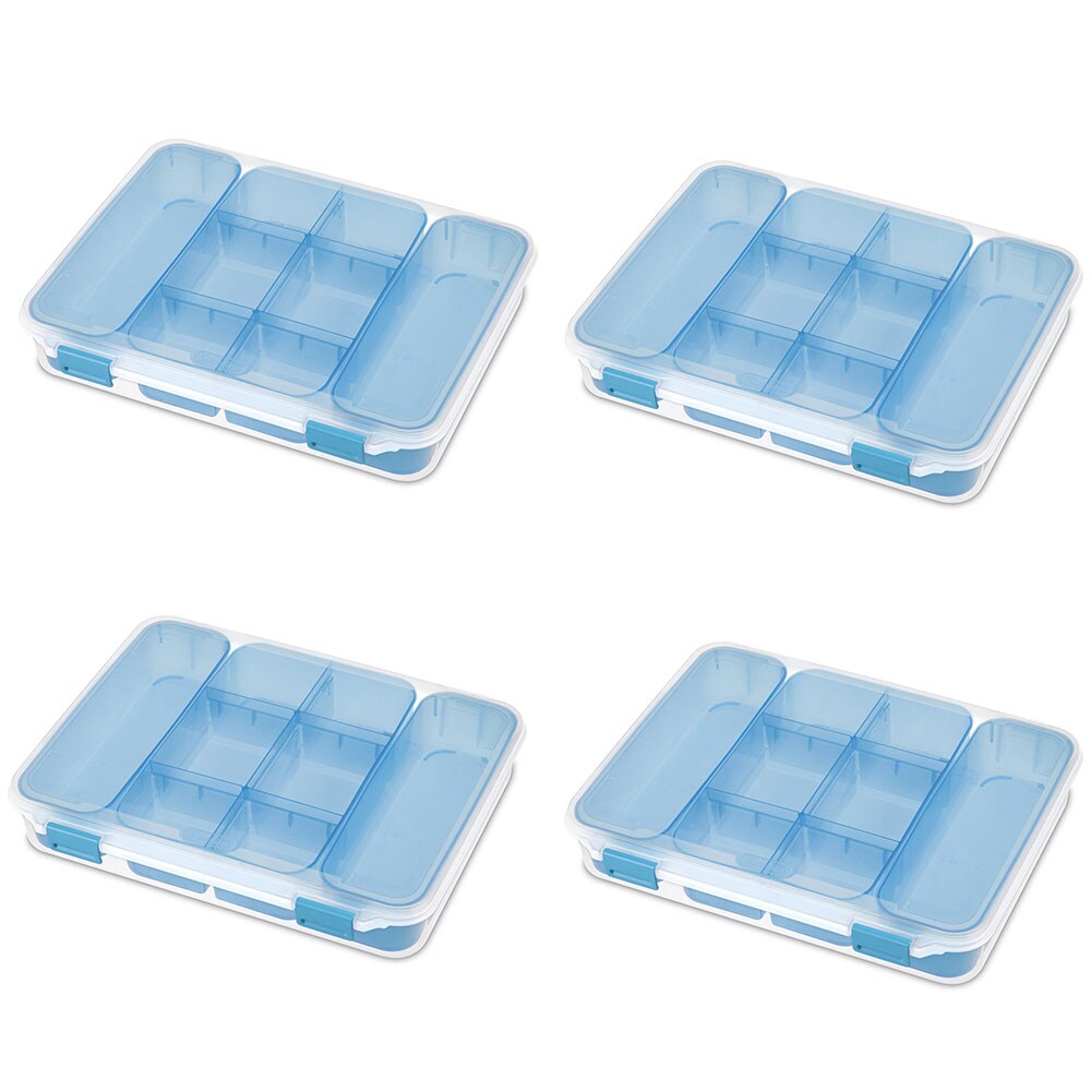 Sterilite Divided Case, Stackable Plastic Small Storage Container with  Latch Lid, Organize Crafts, Small Hardware Items, Clear with Blue Trays,  6-Pack