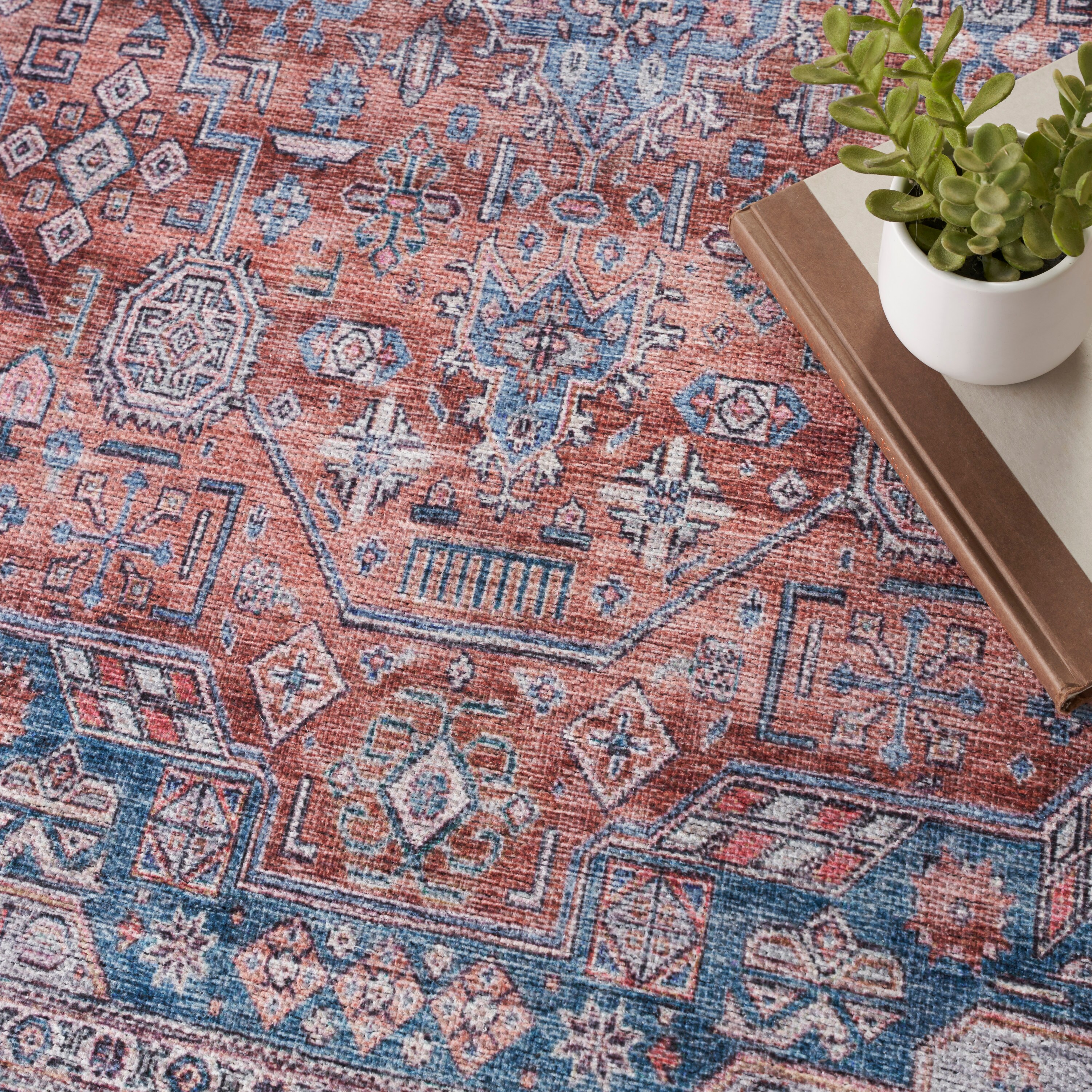 Vintage Charm Blue Multi 4' x 6' Flat Woven Washable Wool Blend Rug